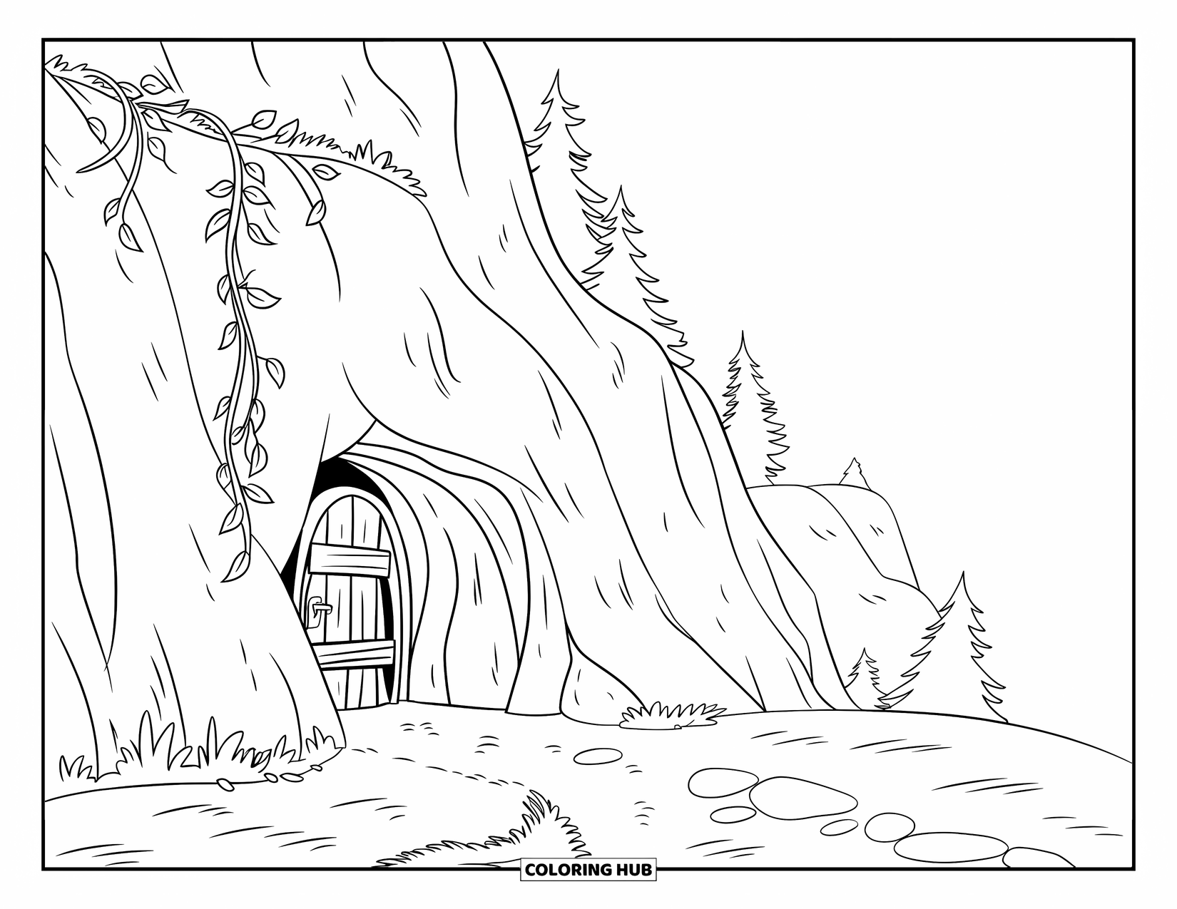 Mountain Coloring Page for Kids: A hidden cave entrance on a mountainside with vines hanging down