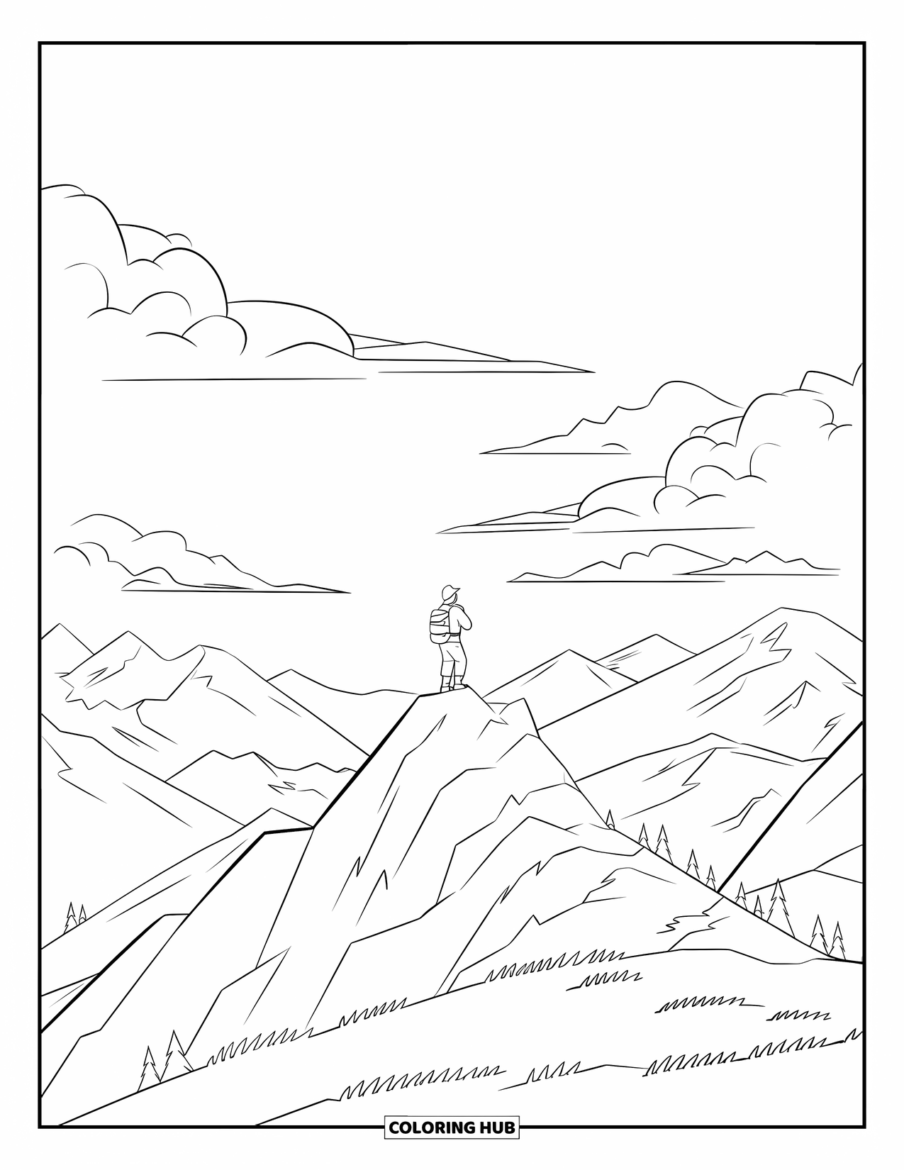 Mountain Coloring Page for Kids: A hiker on a grassy peak looking out at a range of mountains