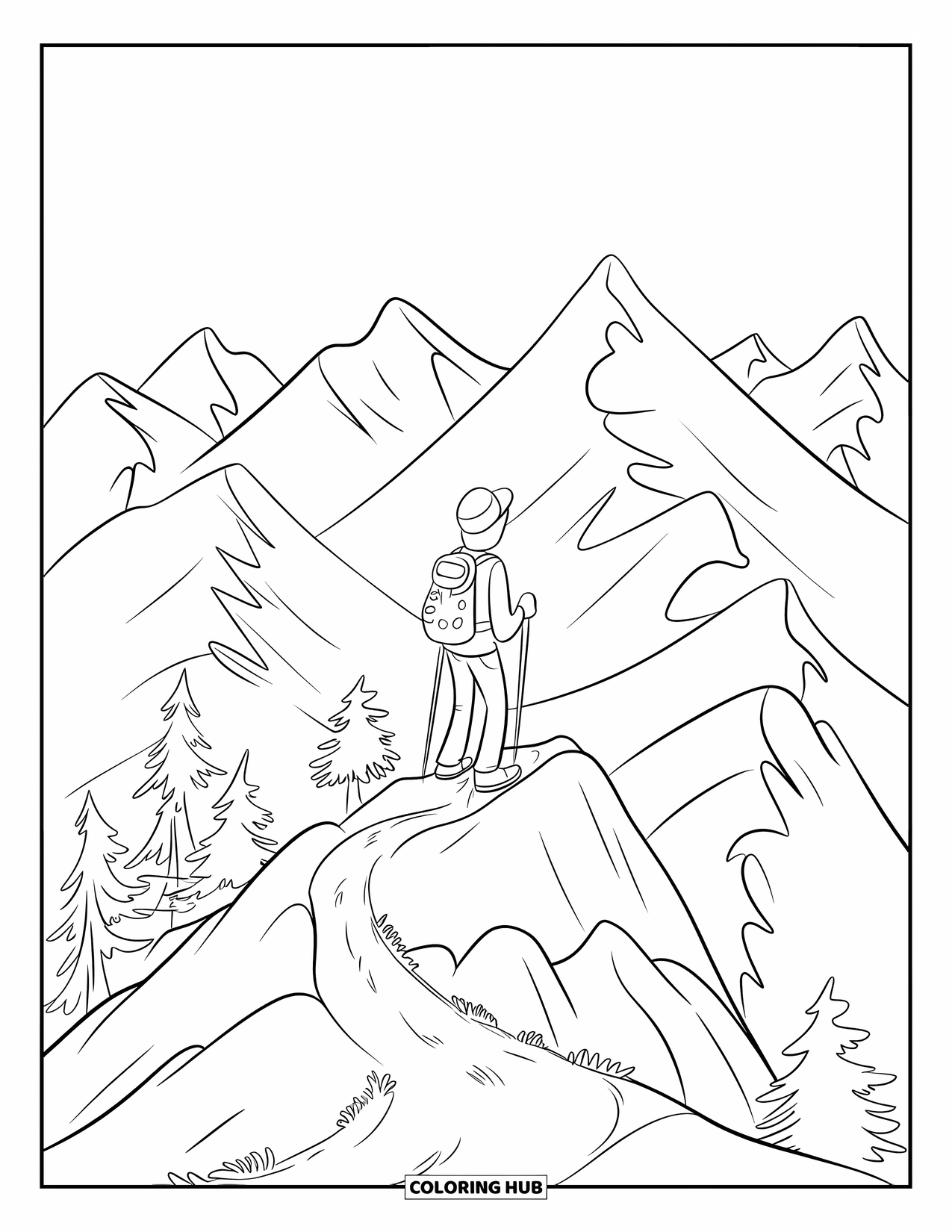 Mountain Coloring Page for Kids: A lone hiker on a mountain peak with trees and rocky terrain