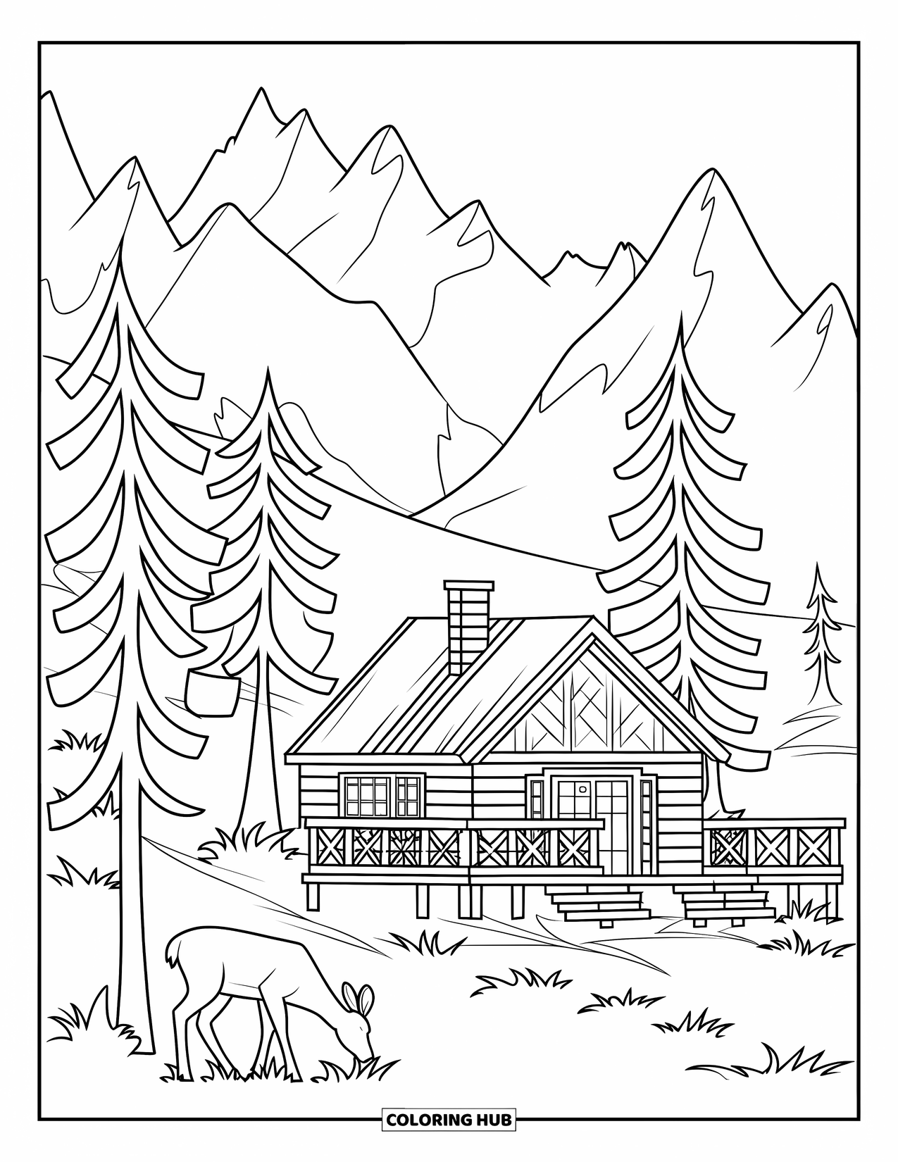 Mountain Coloring Page for Kids: A mountain cabin with pine trees and a deer grazing nearby