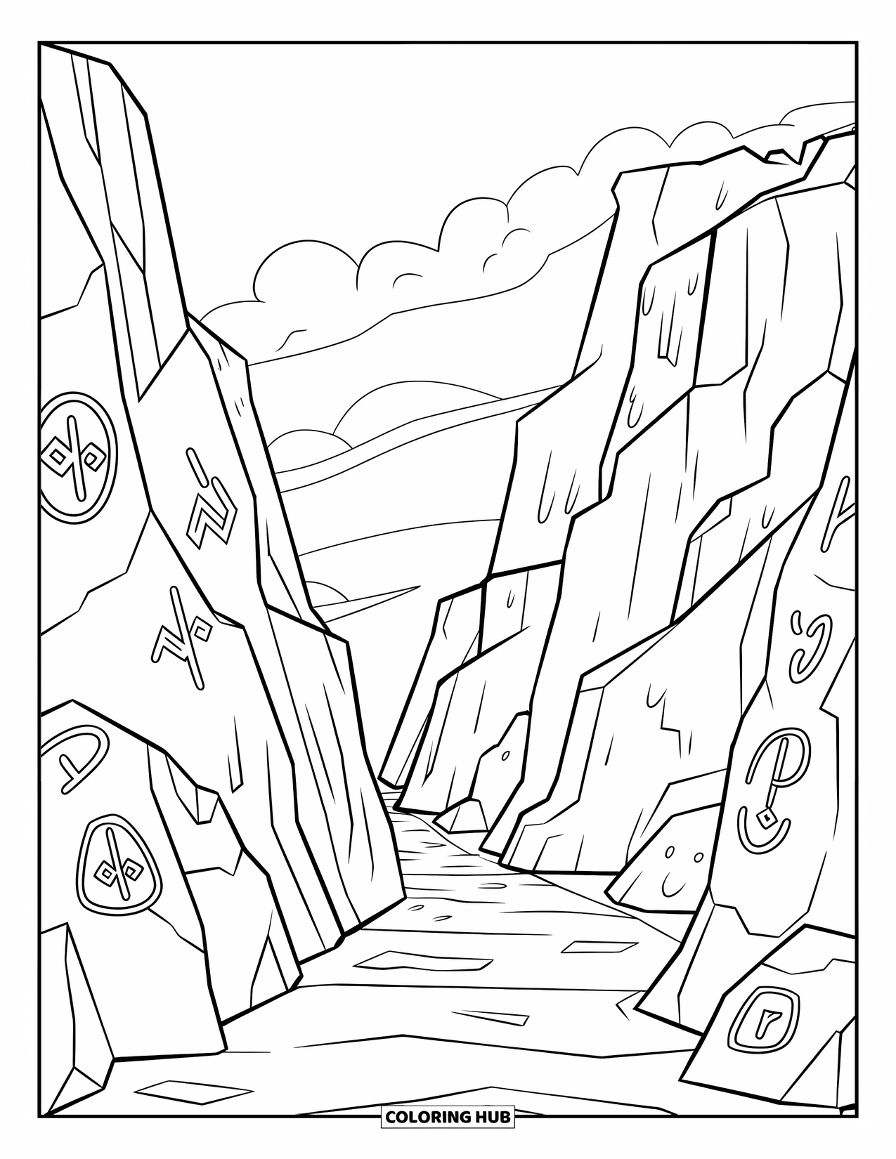 Mountain Coloring Page for Kids: A mountain pass with ancient runes carved into rocks and a narrow path