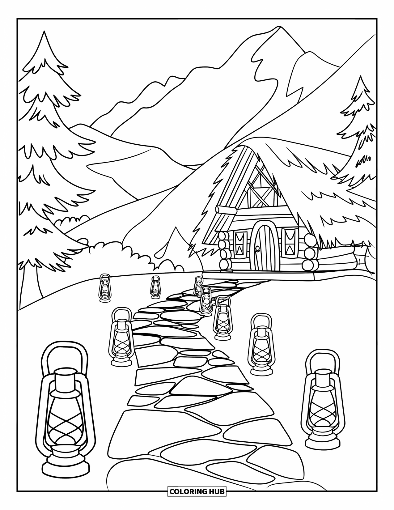 Mountain Coloring Page for Kids: A mountain path lined with lanterns leading to a cozy wooden cabin