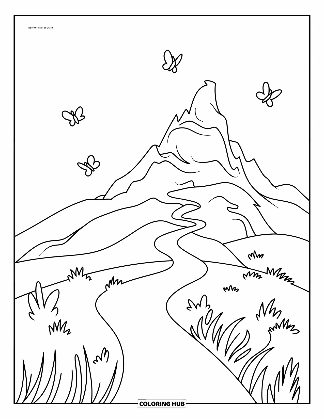 Mountain Coloring Page for Kids: A mountain path with tiny butterflies flying around