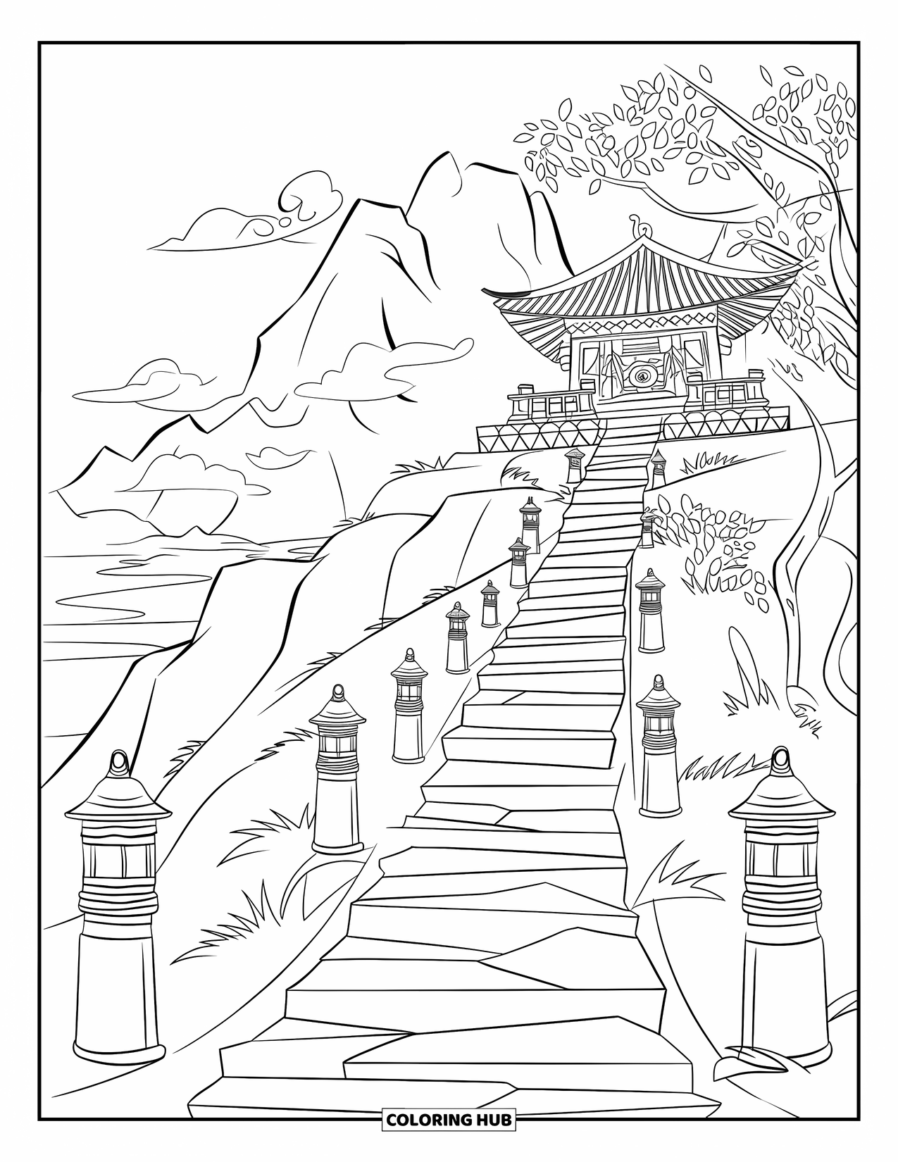 Mountain Coloring Page for Kids: A mountain temple with stone steps and lanterns along the path