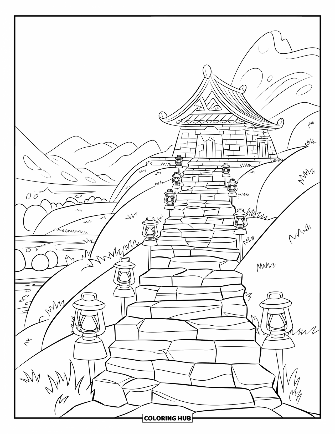 Mountain Coloring Page for Kids: A mountain temple with stone steps, lanterns, and a serene landscape