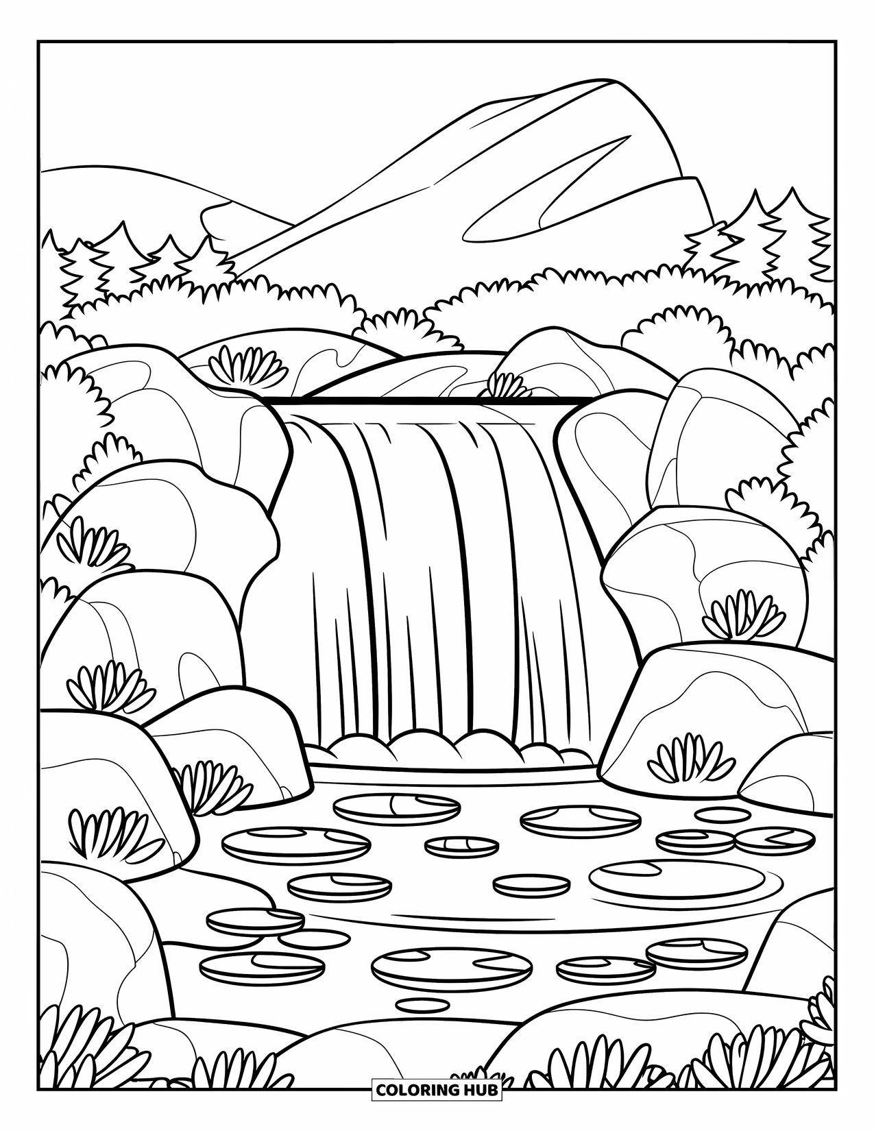 Mountain Coloring Page for Kids: A mountain waterfall with a pond and lily pads below