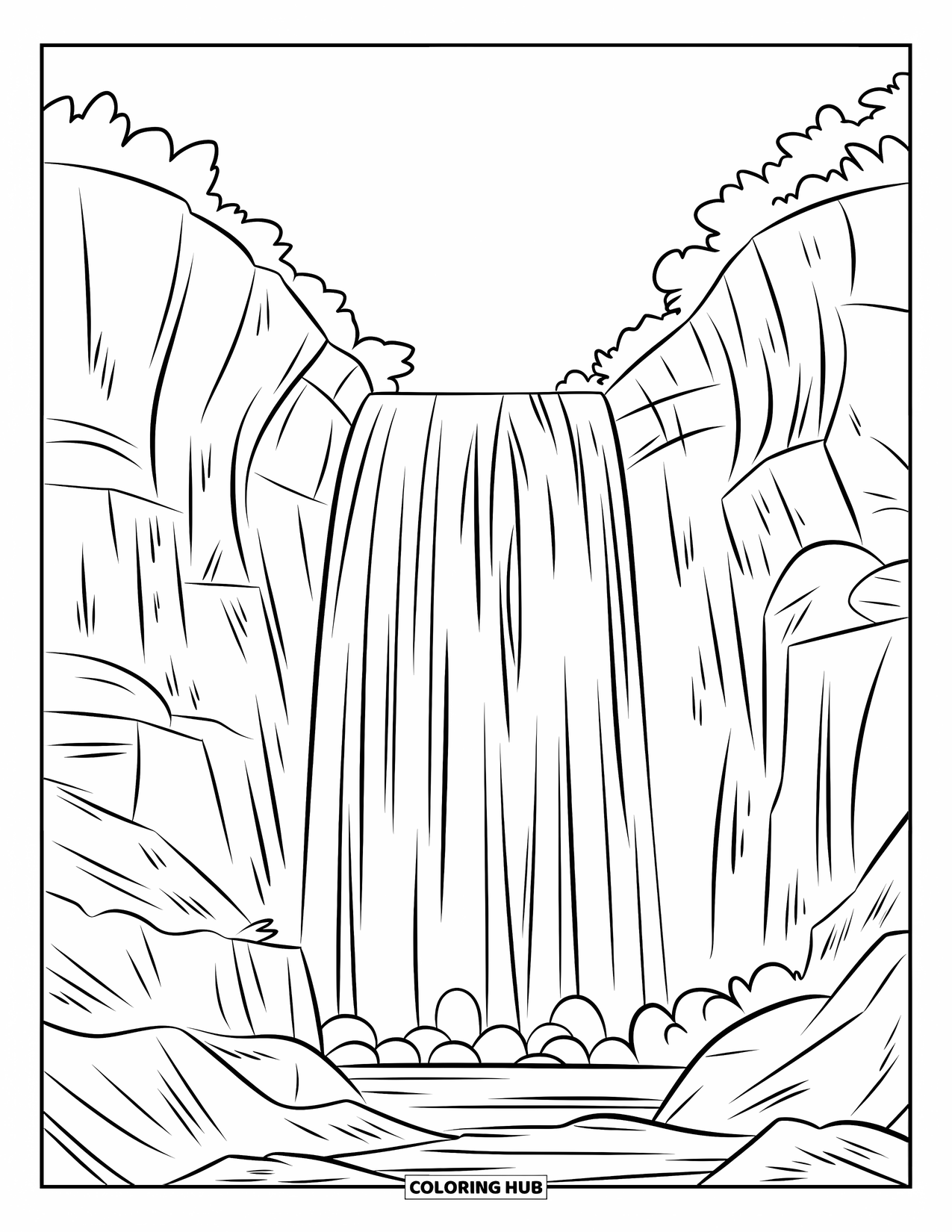 Mountain Coloring Page for Kids: A mountain waterfall with cascading water and rocky ledges