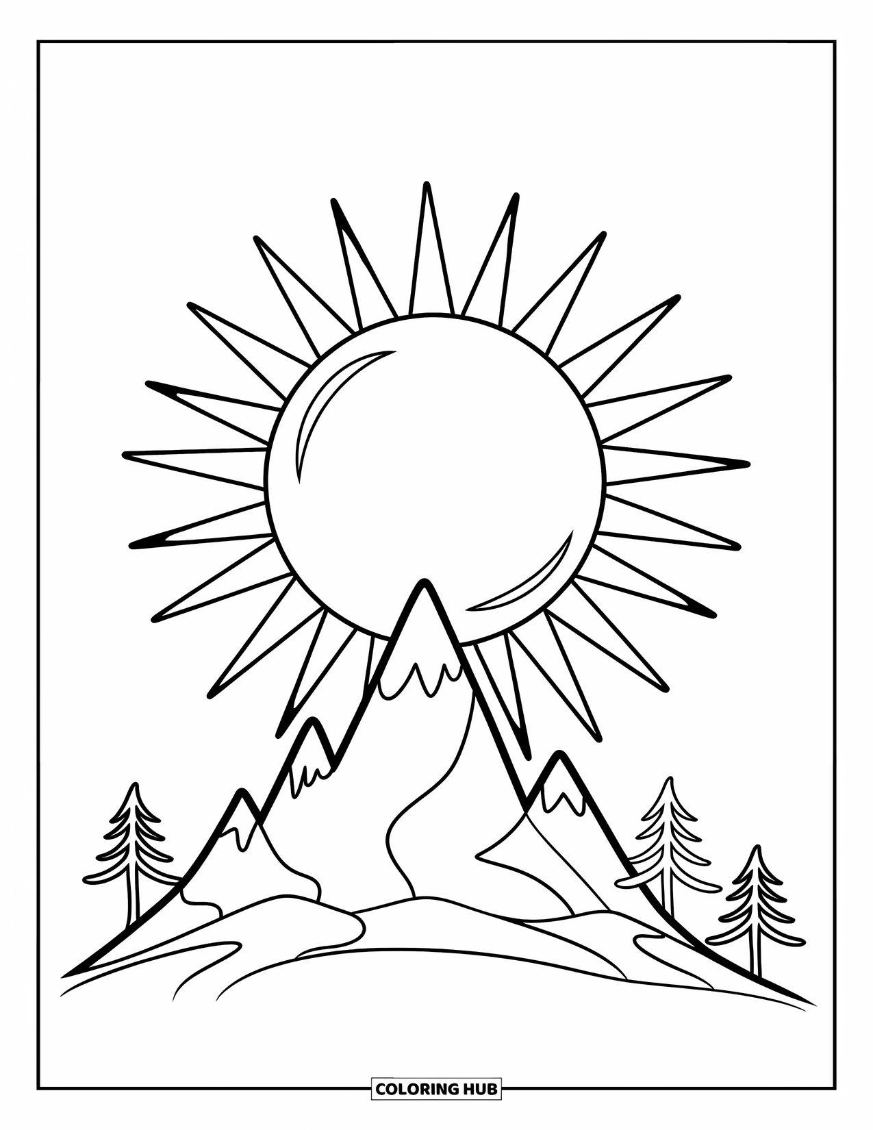 Mountain Coloring Page for Kids: A mountain with pine trees and a sun with rays above