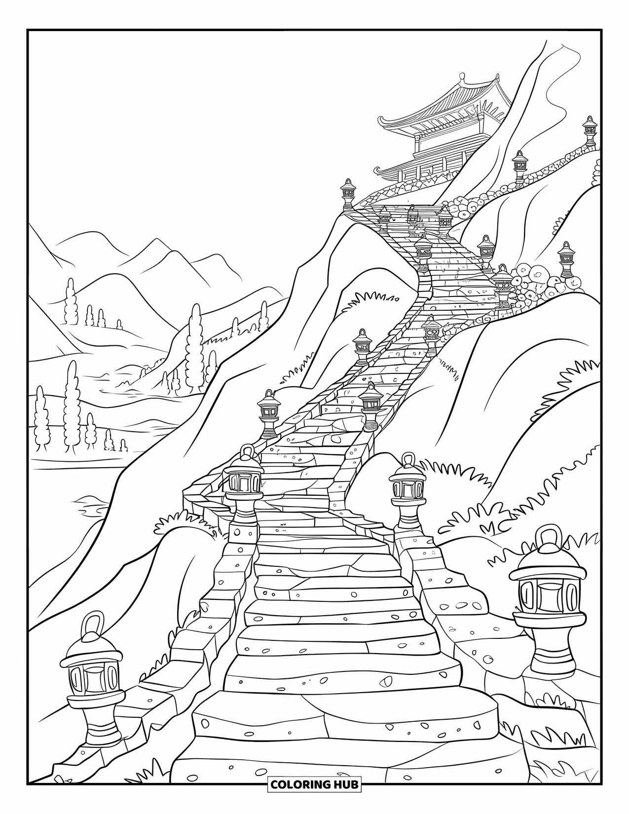 Mountain Coloring Page for Kids: A multi-level temple with stone steps and lanterns on a mountain path