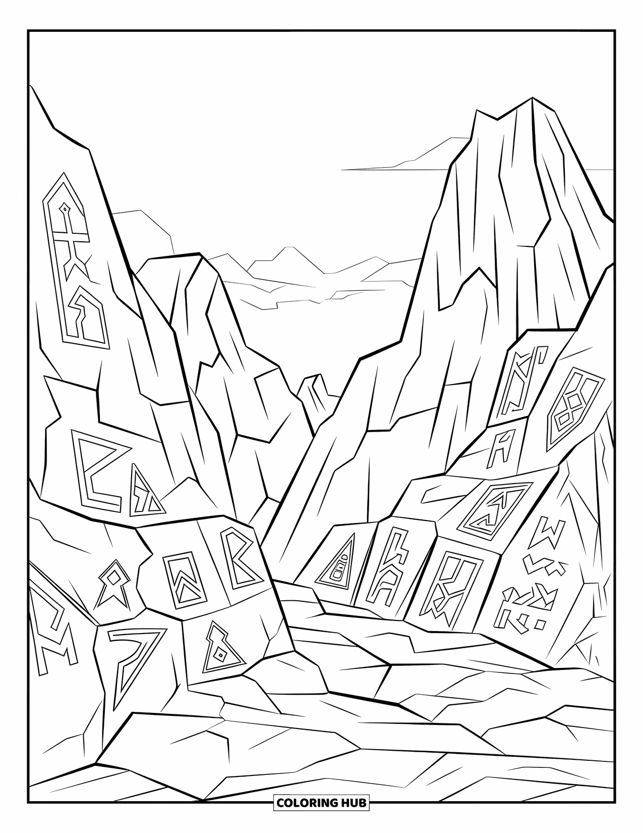 Mountain Coloring Page for Kids: A mysterious mountain pass with runes carved into rocks and steep cliffs