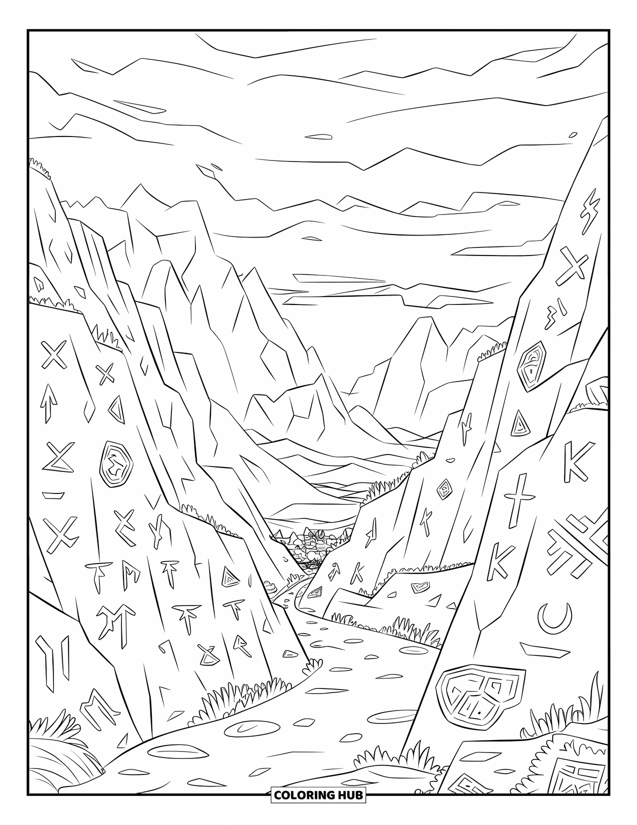 Mountain Coloring Page for Kids: A mysterious pass with runes on rocks and jagged mountains