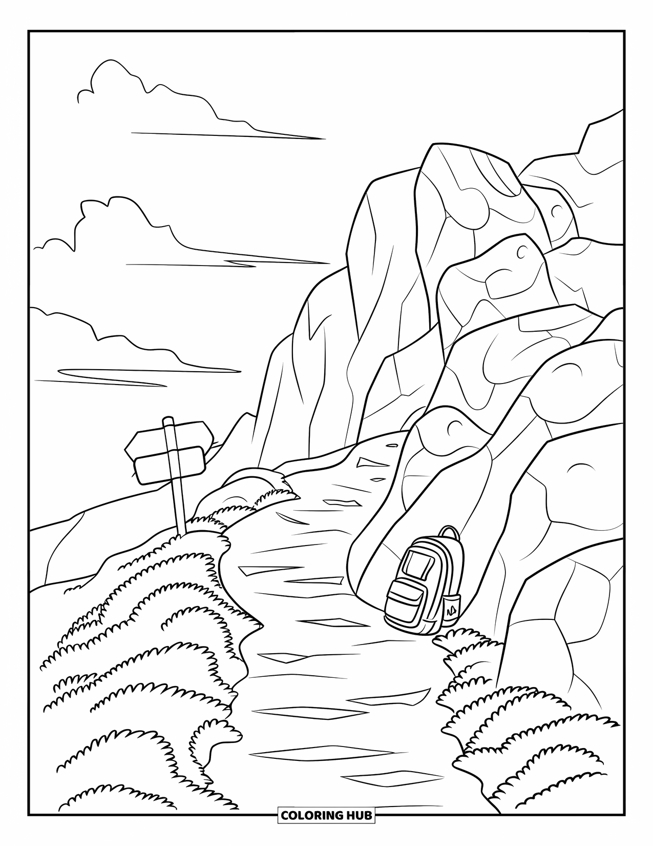 Mountain Coloring Page for Kids: A narrow mountain path with a signpost and a backpack leaning against it