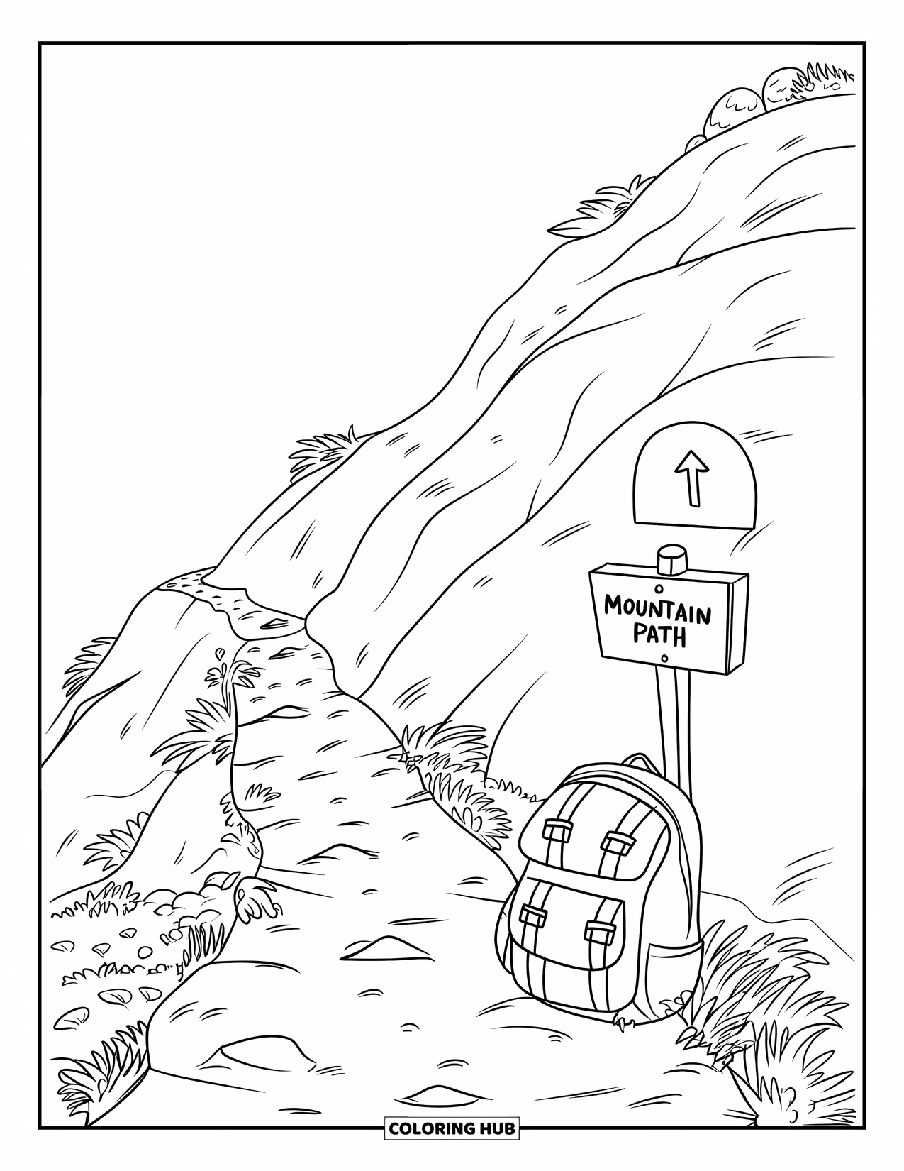 Mountain Coloring Page for Kids: A narrow mountain path with a signpost and a backpack under a clear sky