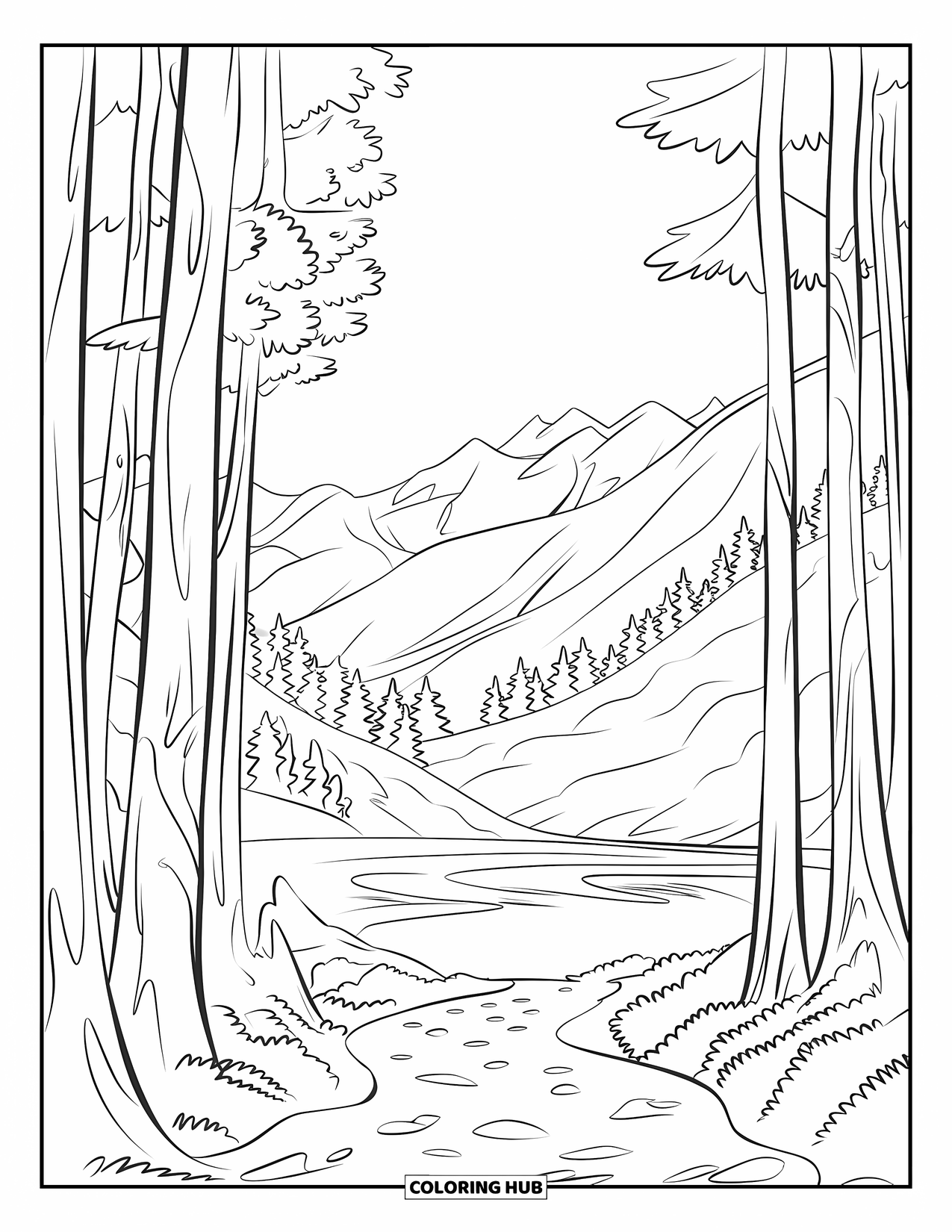 Mountain Coloring Page for Kids: A path through the forest leading to a lake at the foot of a mountain