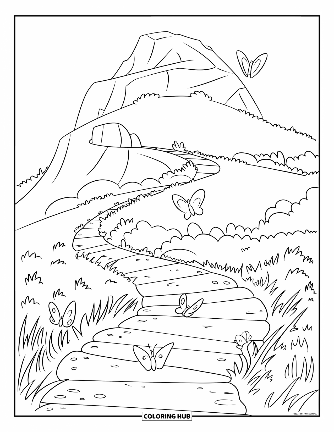 Mountain Coloring Page for Kids: A path up a mountain with butterflies and lush greenery