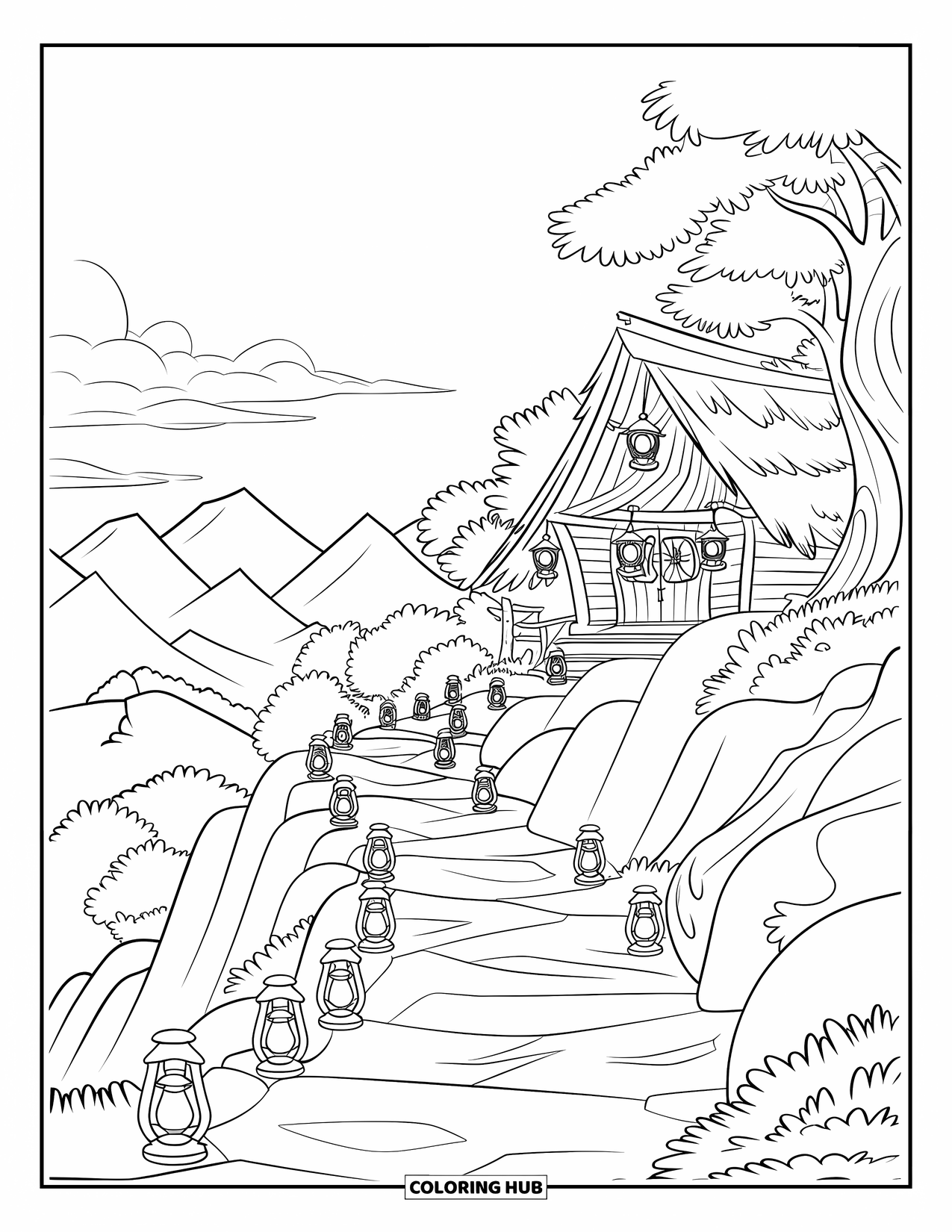 Mountain Coloring Page for Kids: A path with lanterns and lush greenery leading to a charming wooden cabin