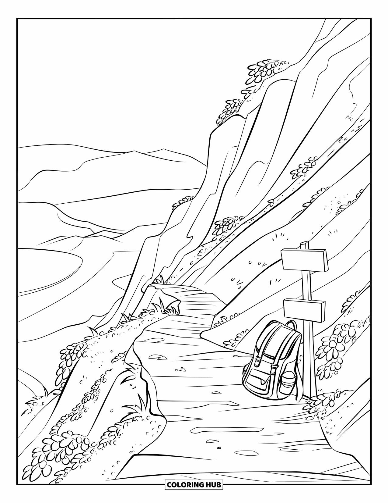 Mountain Coloring Page for Kids: A path with rocks and greenery leading up a mountain with a signpost