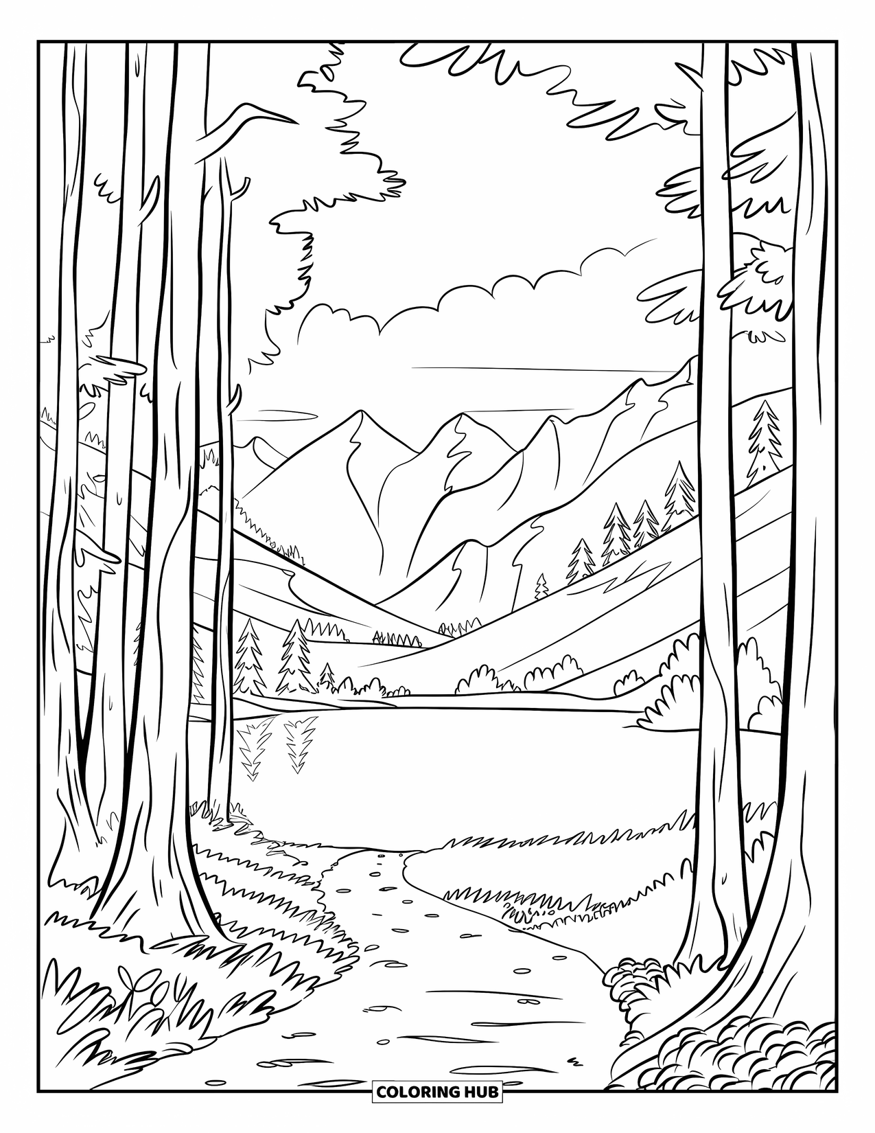 Mountain Coloring Page for Kids: A peaceful path through the forest leading to a calm mountain lake