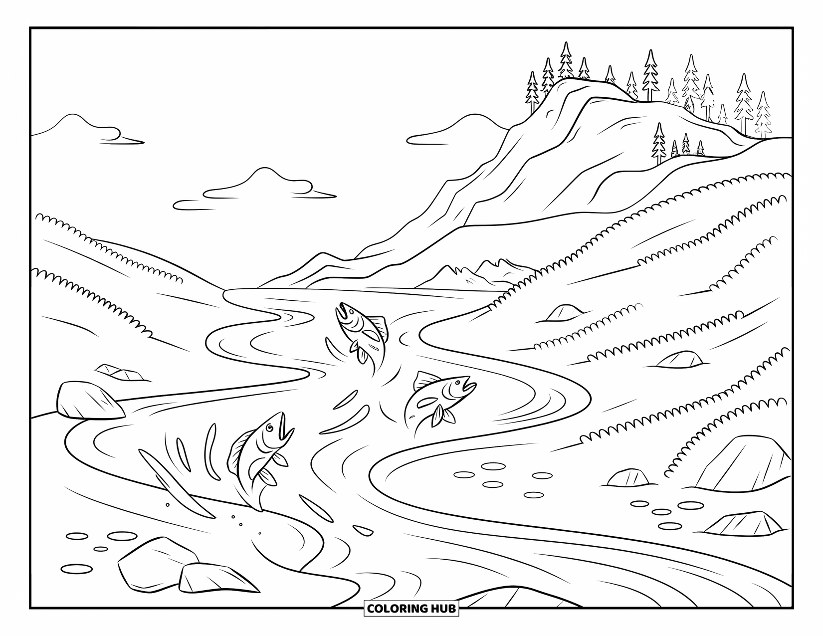 Mountain Coloring Page for Kids: A peaceful river with fish jumping, surrounded by mountains and trees