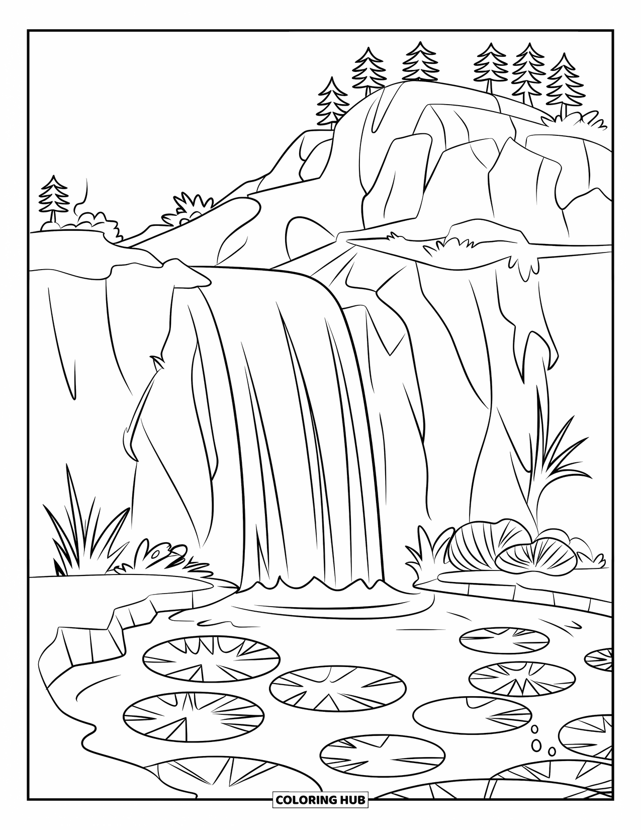 Mountain Coloring Page for Kids: A peaceful waterfall with lily pads and a small pond