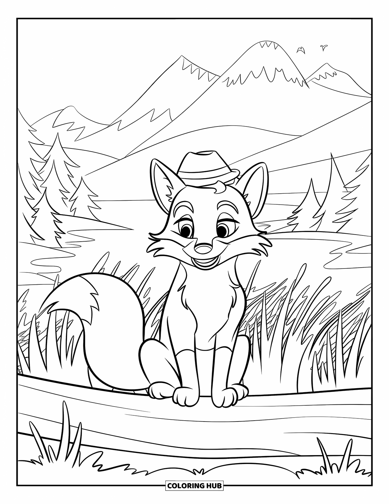 Mountain Coloring Page for Kids: A playful fox on a log surrounded by grass and mountains