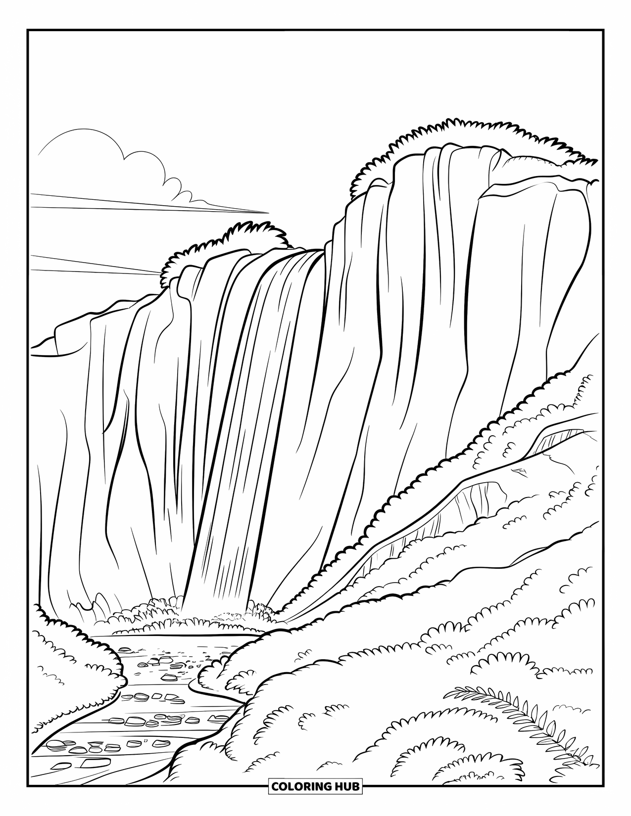 Mountain Coloring Page for Kids: A powerful waterfall plunging from a mountain surrounded by rocks and greenery