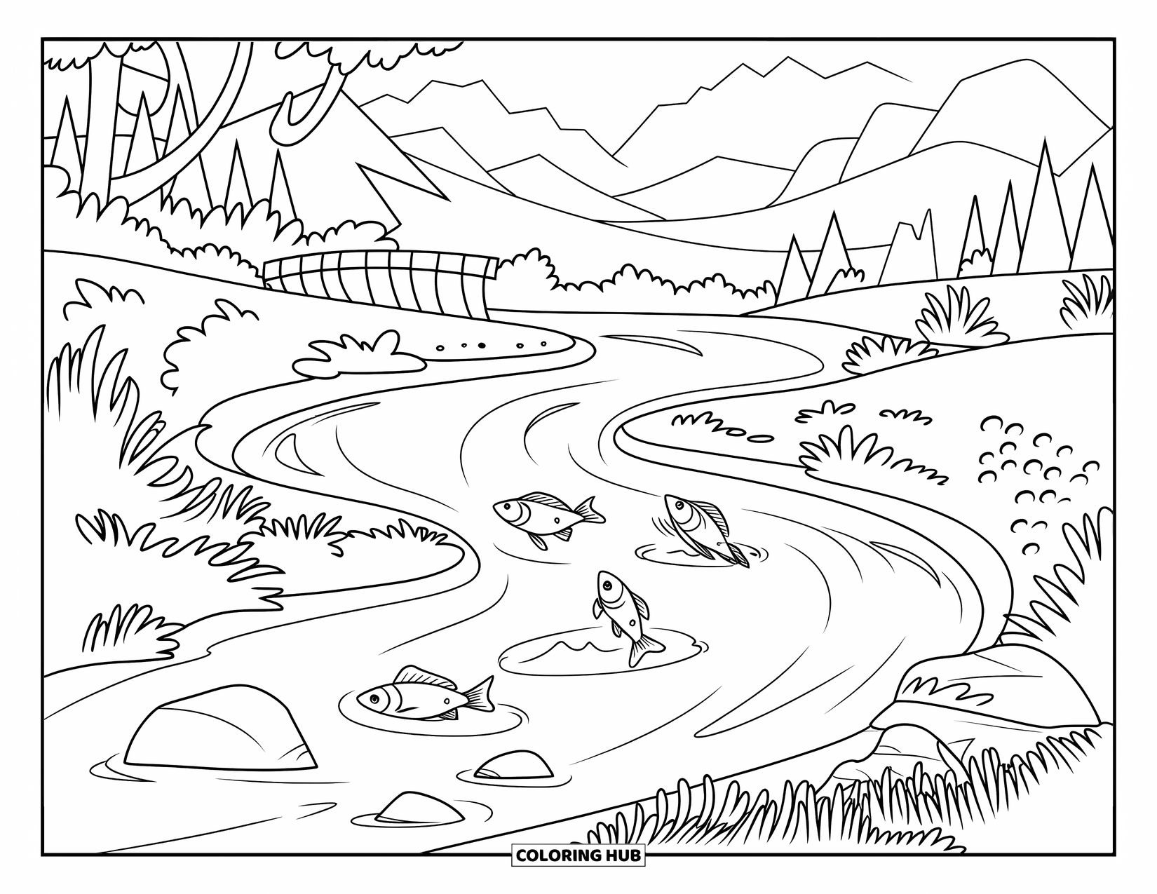 Mountain Coloring Page for Kids: A river flowing from a mountain with fish jumping and trees around