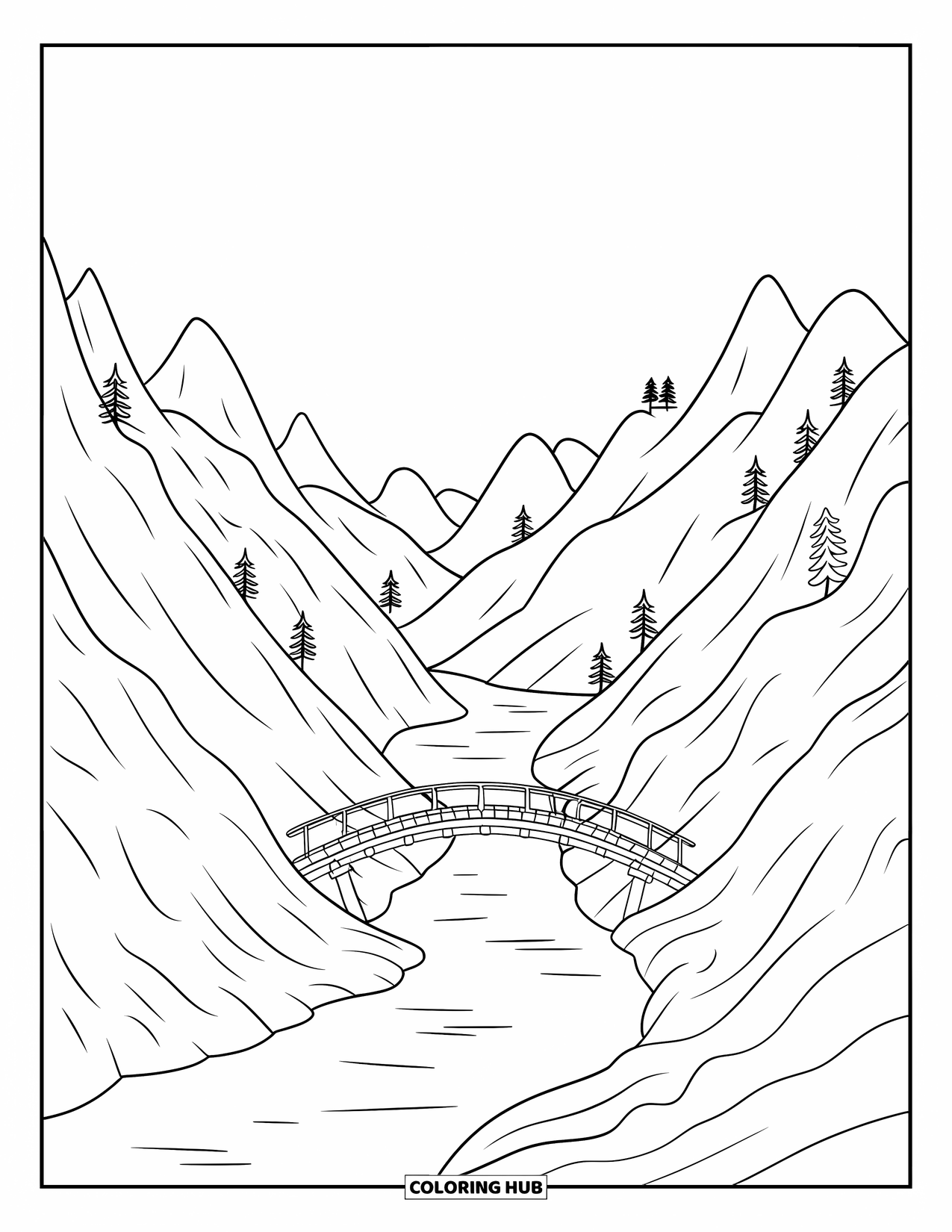 Mountain Coloring Page for Kids: A river winding through mountains with a wooden bridge crossing it
