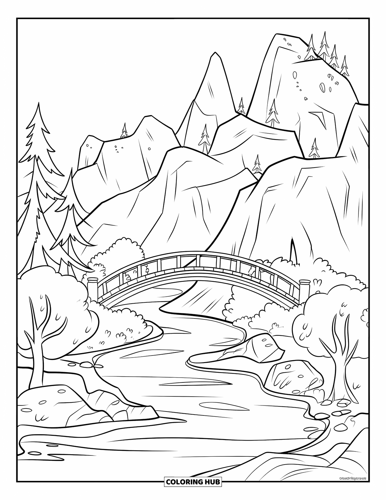 Mountain Coloring Page for Kids: A river with a wooden bridge reflecting the surrounding mountains