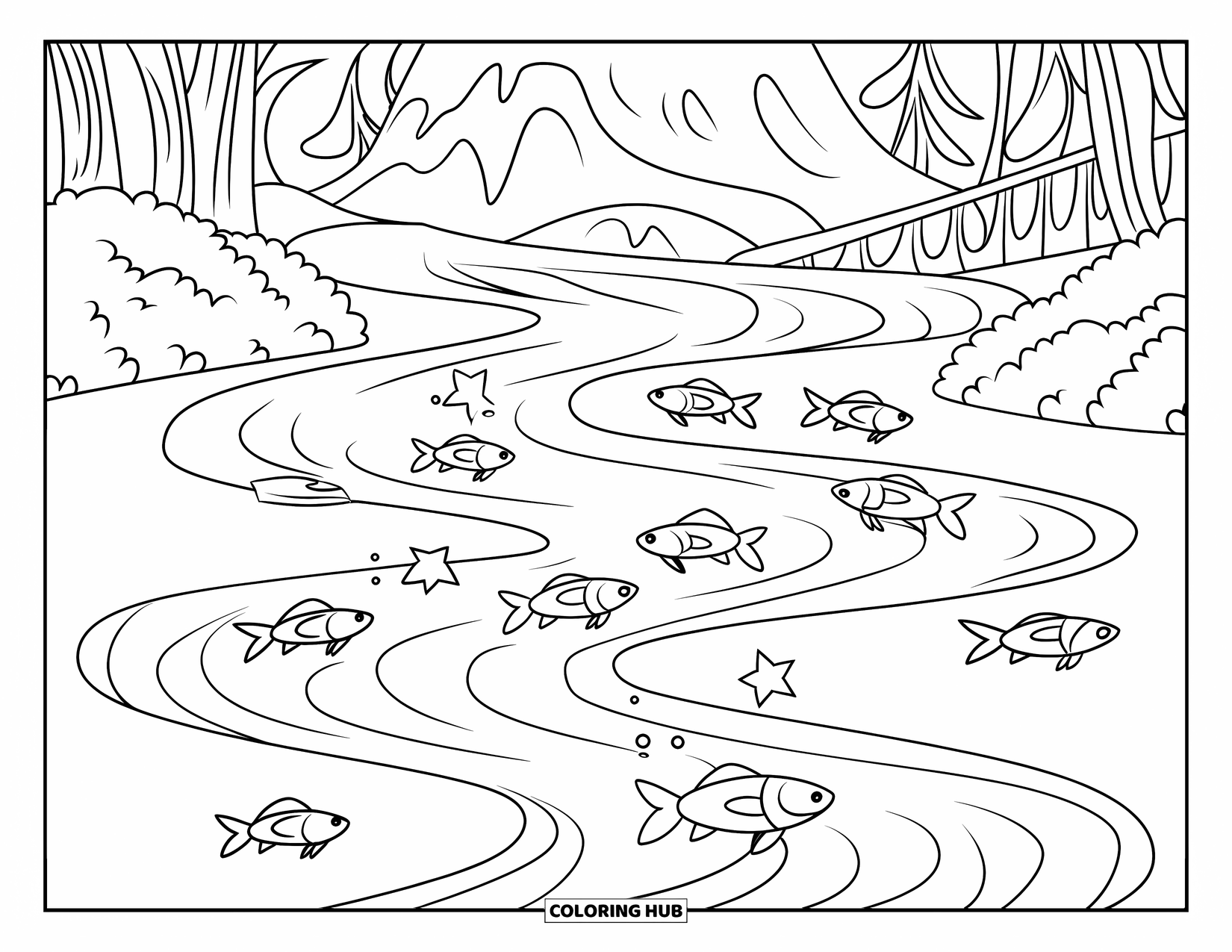 Mountain Coloring Page for Kids: A river with fish jumping and a wooden bridge by the mountains