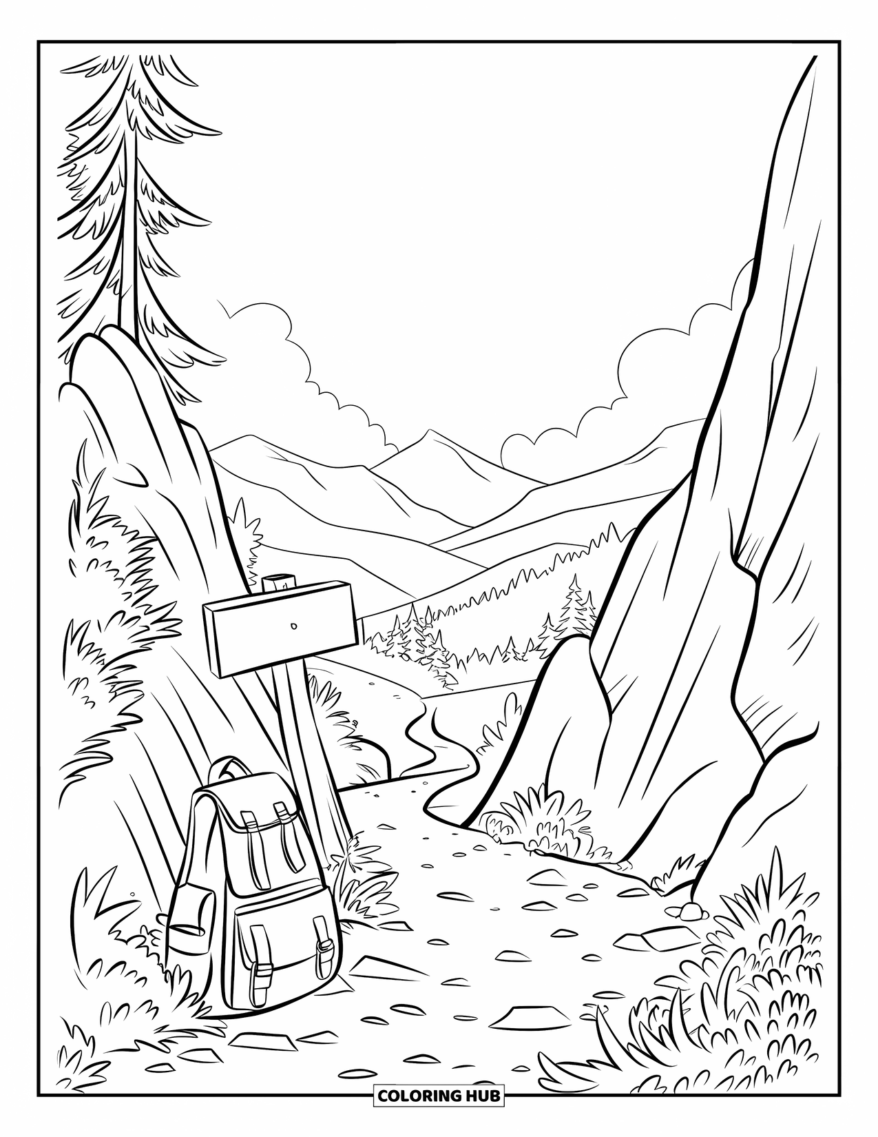 Mountain Coloring Page for Kids: A rocky path up a mountain with a signpost and green bushes