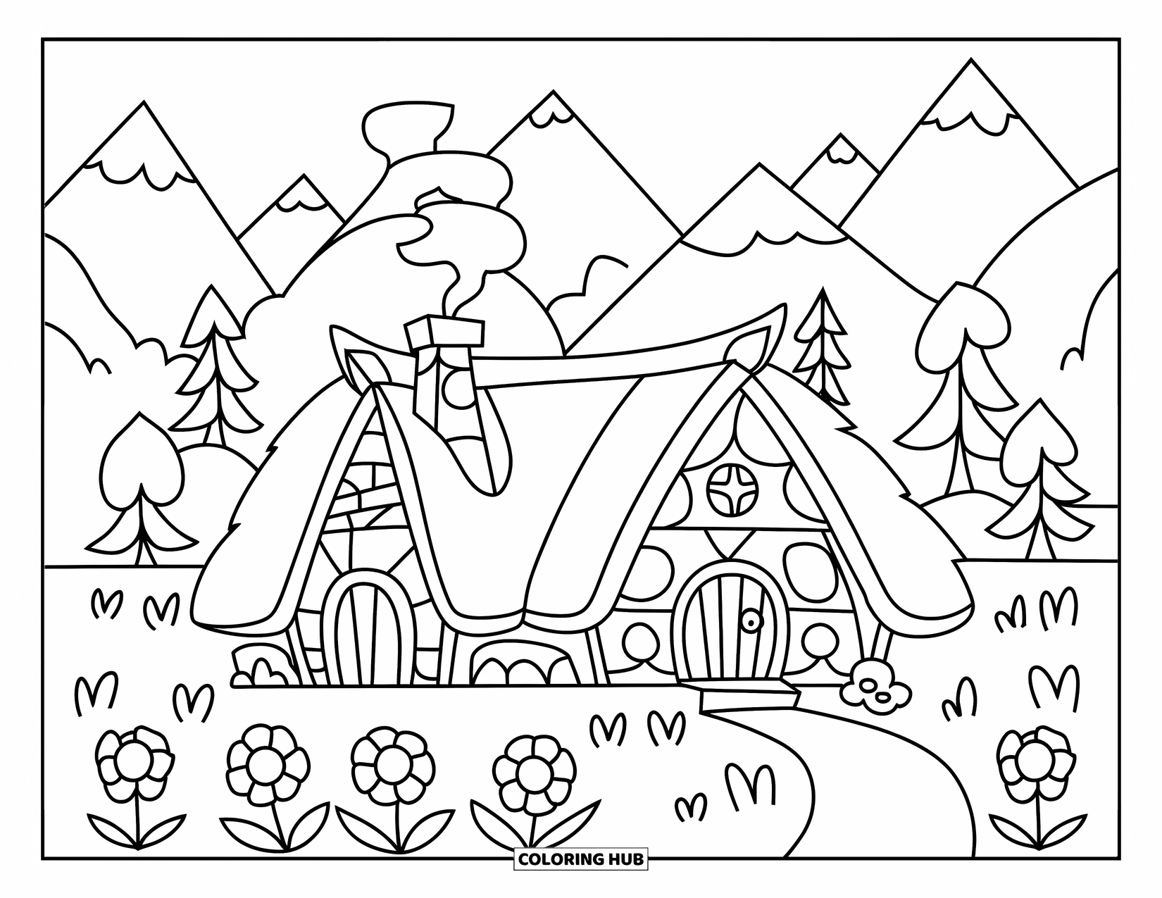 Mountain Coloring Page for Kids: A rustic cabin with a chimney and flowers surrounded by mountains