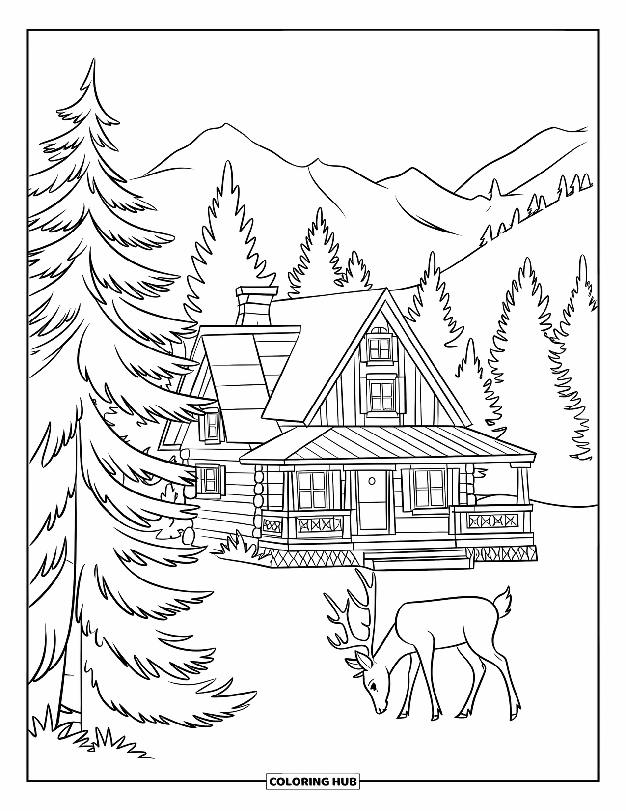 Mountain Coloring Page for Kids: A rustic cabin with pine trees and a deer grazing peacefully
