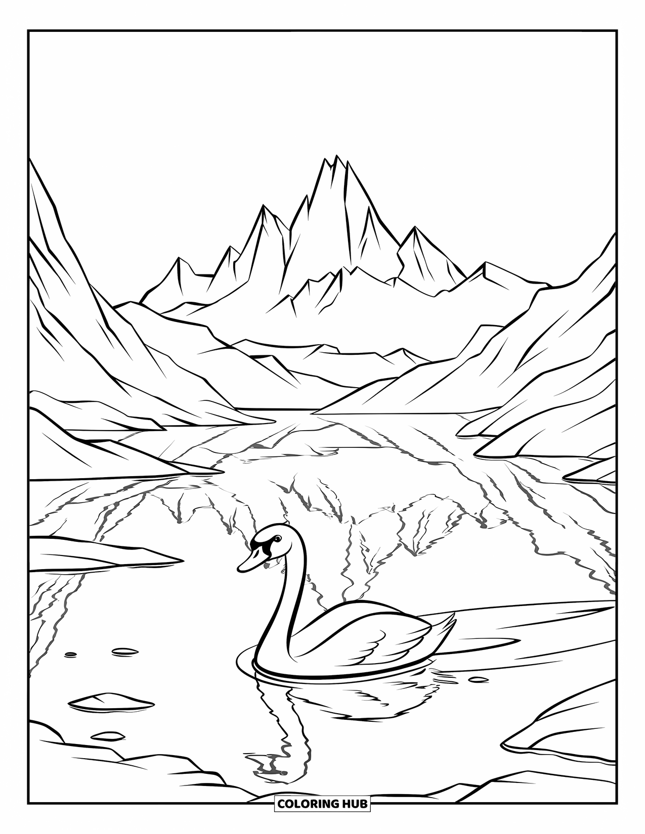 Mountain Coloring Page for Kids: A serene lake reflecting mountain peaks with a swan gliding peacefully