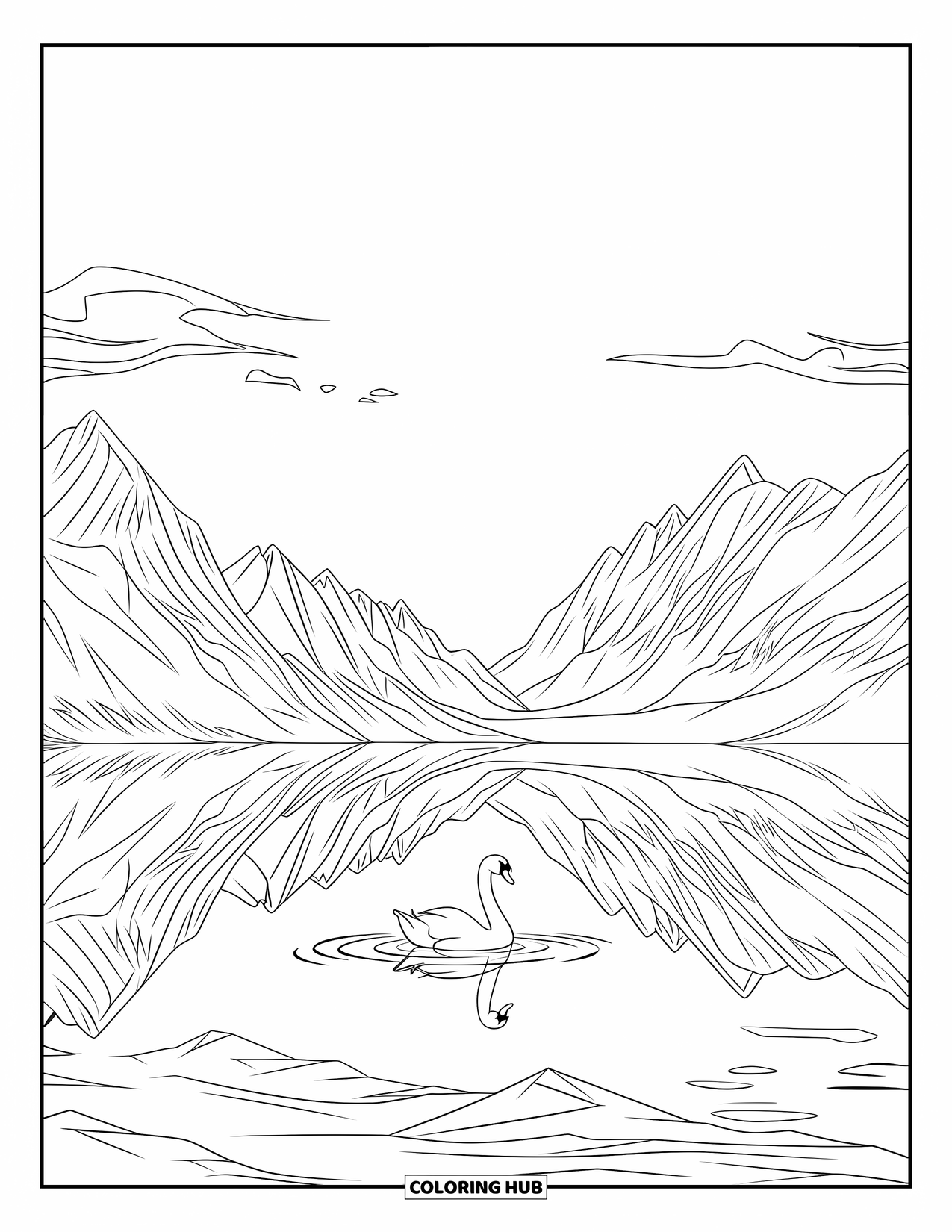 Mountain Coloring Page for Kids: A serene lake with a swan and mountains mirrored on the water