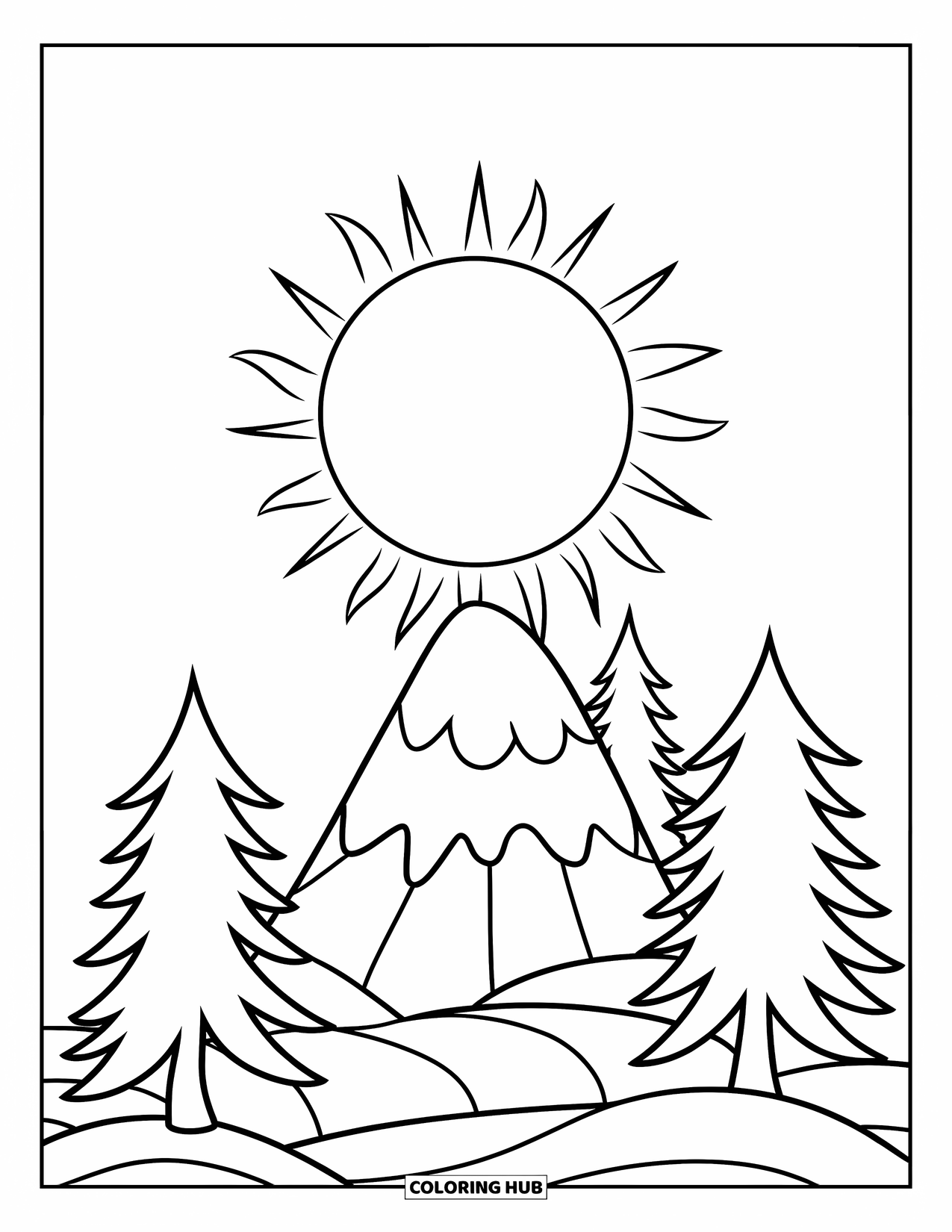 Mountain Coloring Page for Kids: A small mountain with a big sun and pine trees at the base