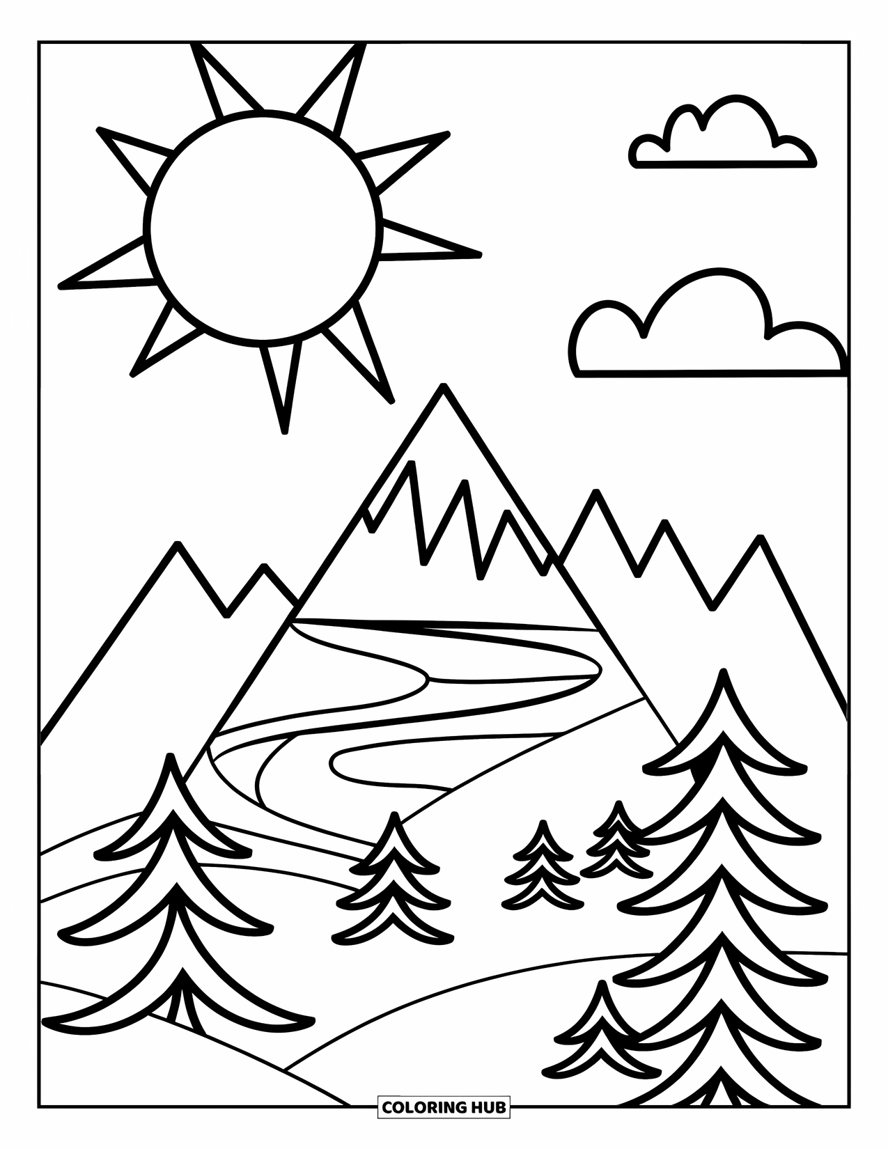 Mountain Coloring Page for Kids: A small mountain with jagged peaks, pine trees, and a bright sun