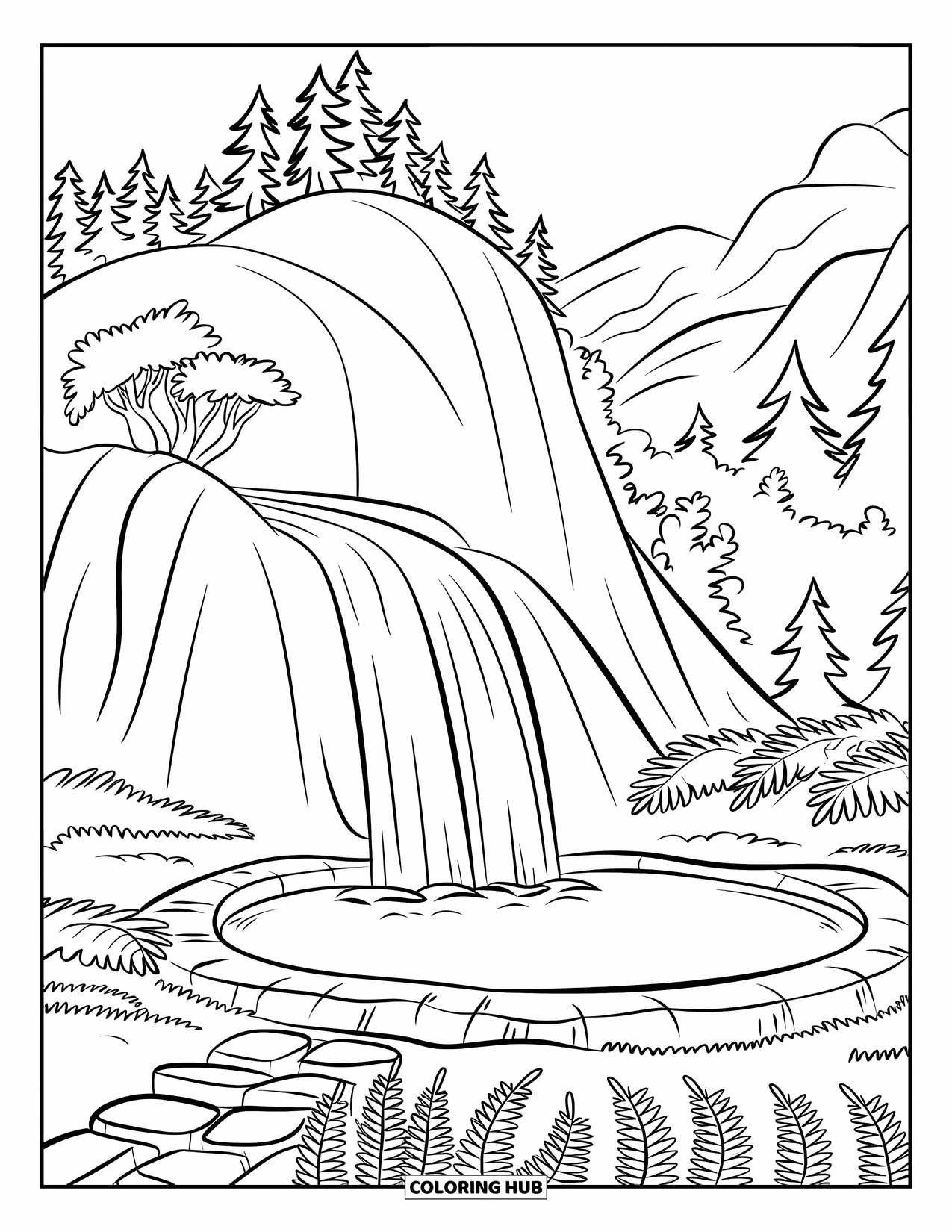 Mountain Coloring Page for Kids: A small waterfall cascading into a pool surrounded by ferns and greenery
