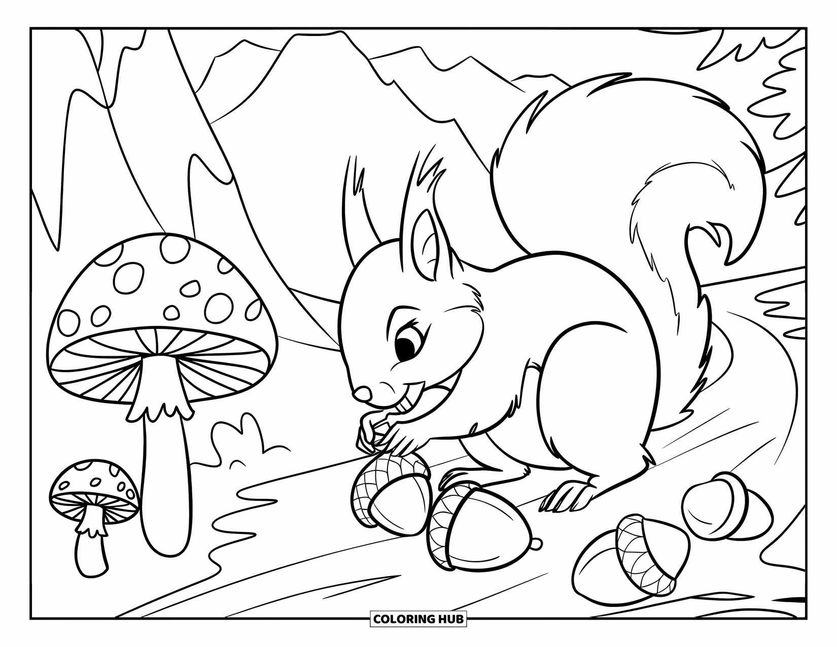Mountain Coloring Page for Kids: A squirrel collecting acorns with mushrooms by a mountain path