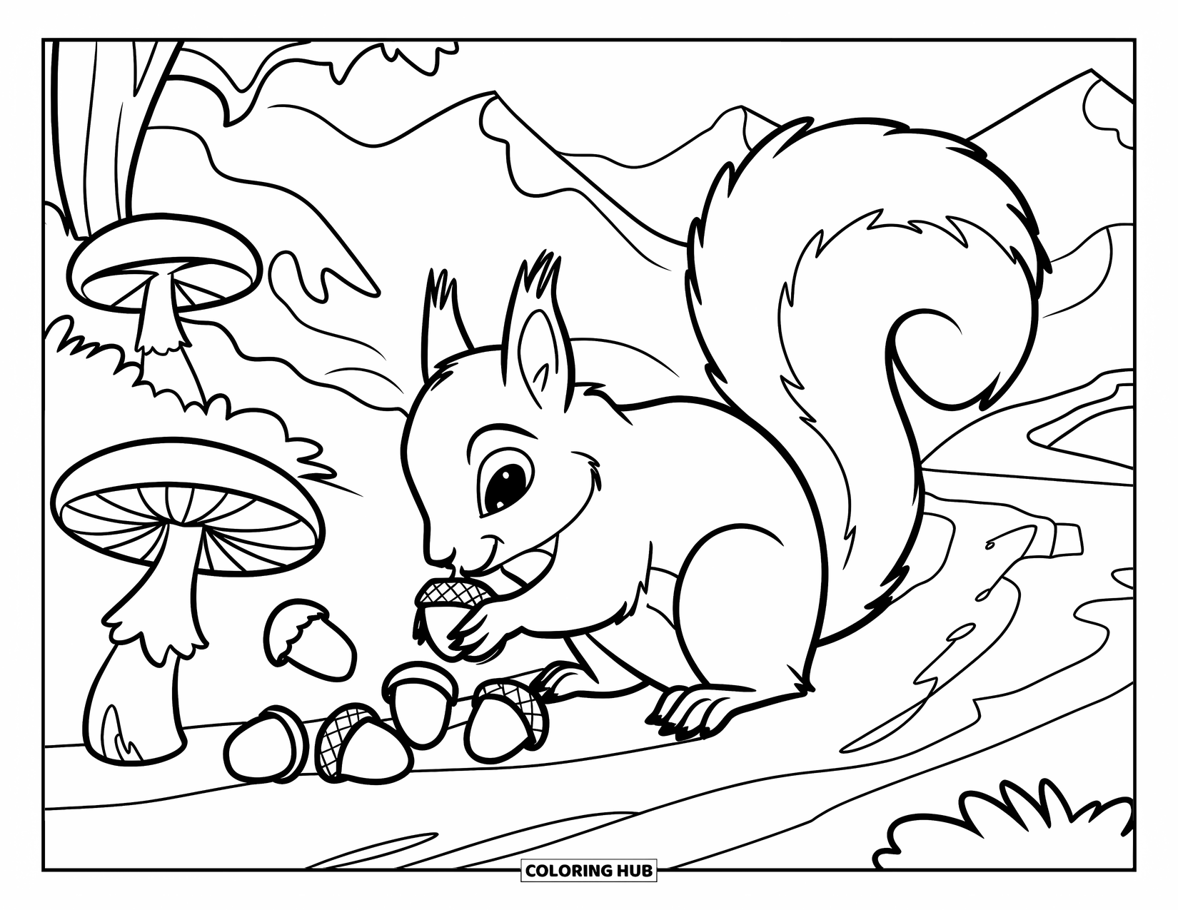 Mountain Coloring Page for Kids: A squirrel gathering acorns beside a mountain trail with mushrooms nearby