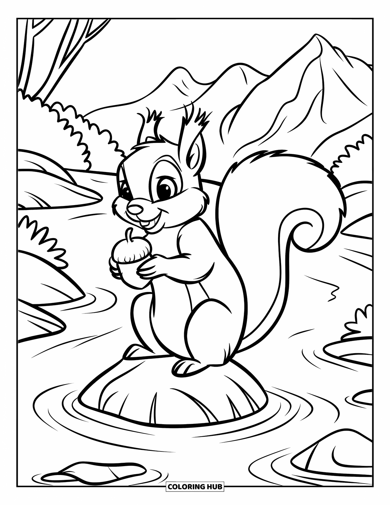 Mountain Coloring Page for Kids: A squirrel holding an acorn on a rock by a mountain stream