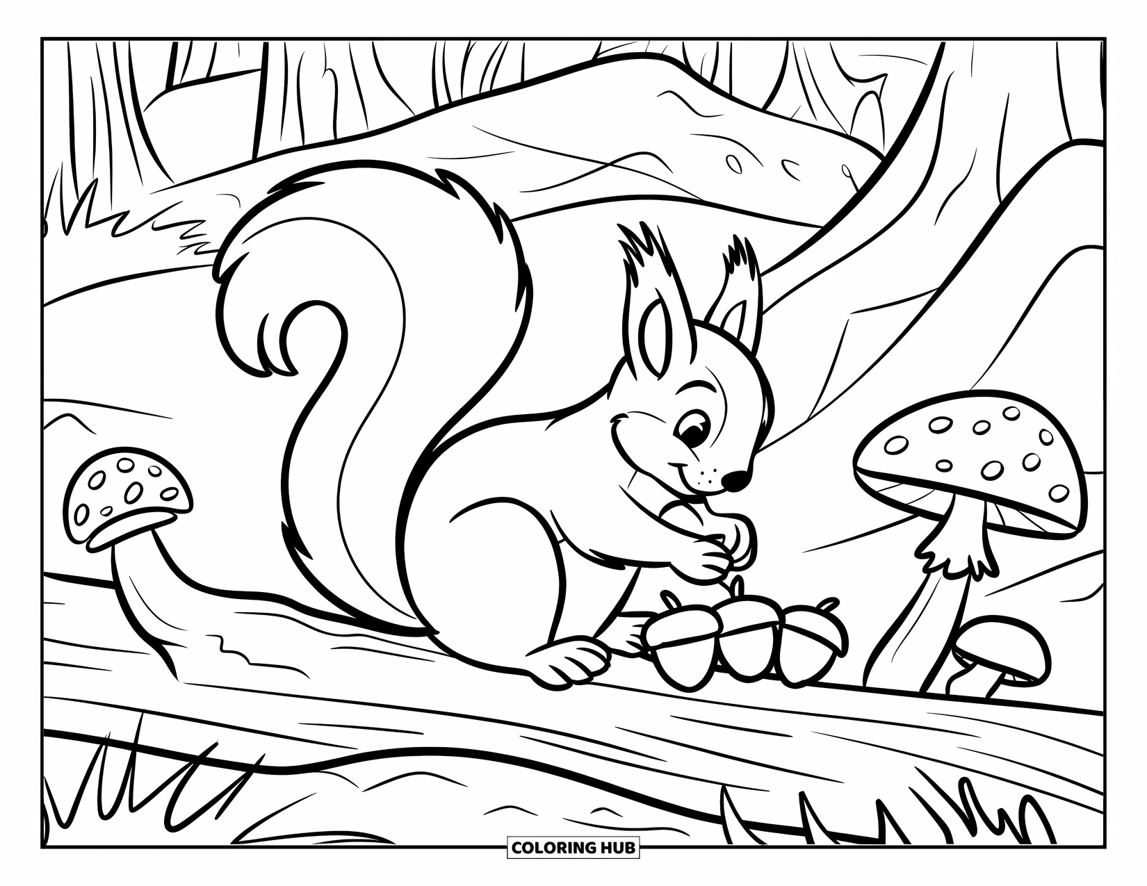 Mountain Coloring Page for Kids: A squirrel on a log gathering acorns beside a rocky mountain trail
