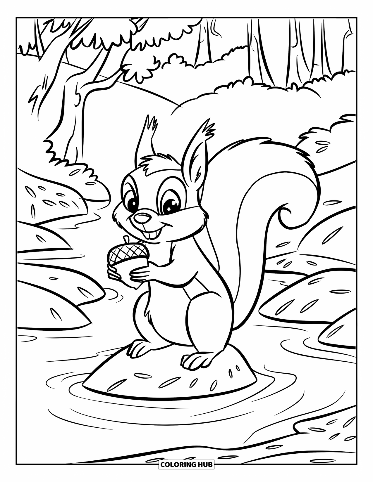 Mountain Coloring Page for Kids: A squirrel on a rock holding an acorn by a stream with trees around