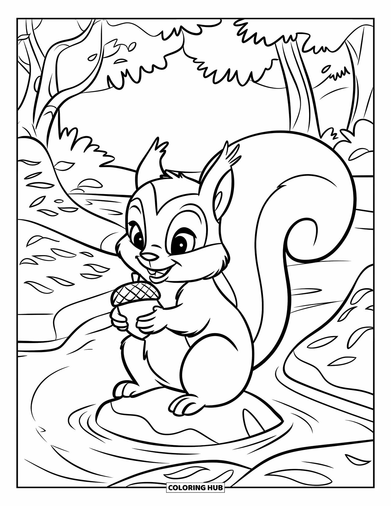Mountain Coloring Page for Kids: A squirrel with an acorn on a rock by a stream under trees and mountains