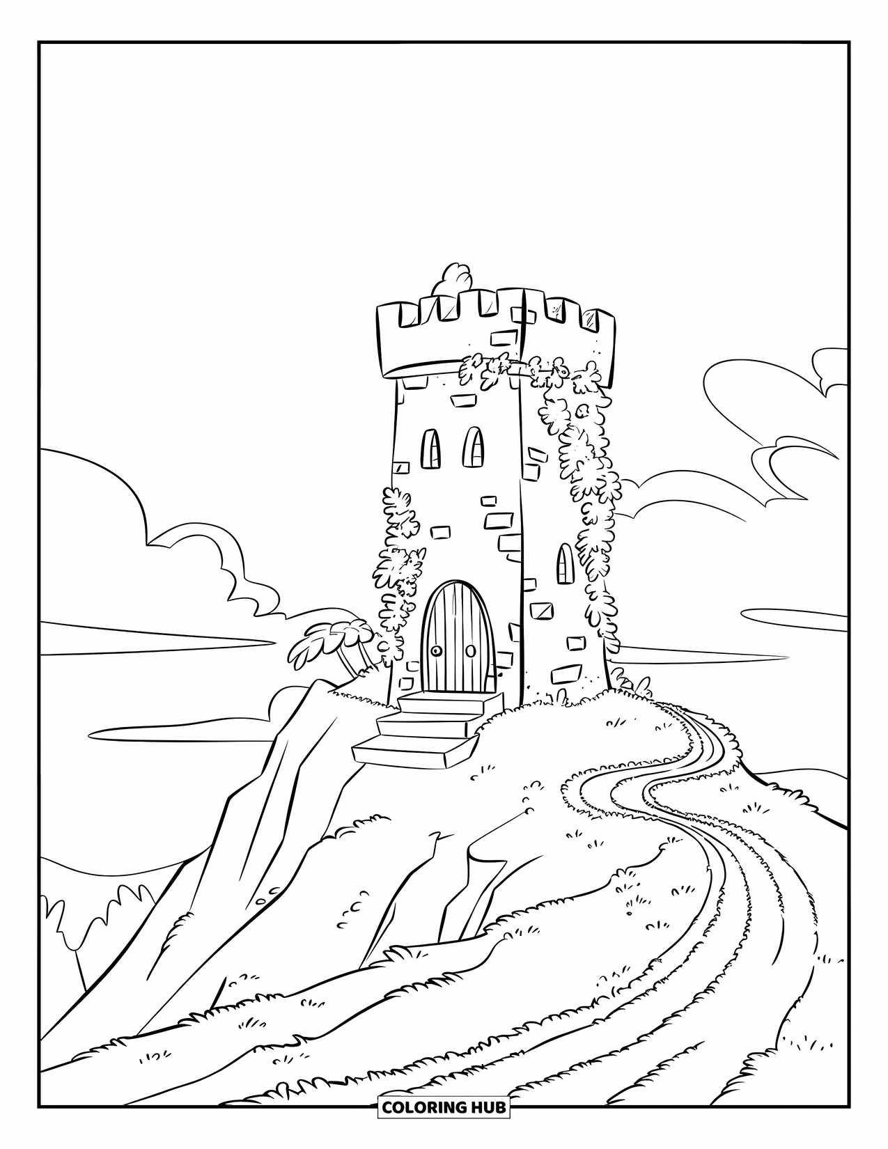 Mountain Coloring Page for Kids: A stone tower with ivy climbing its walls on a mountain path