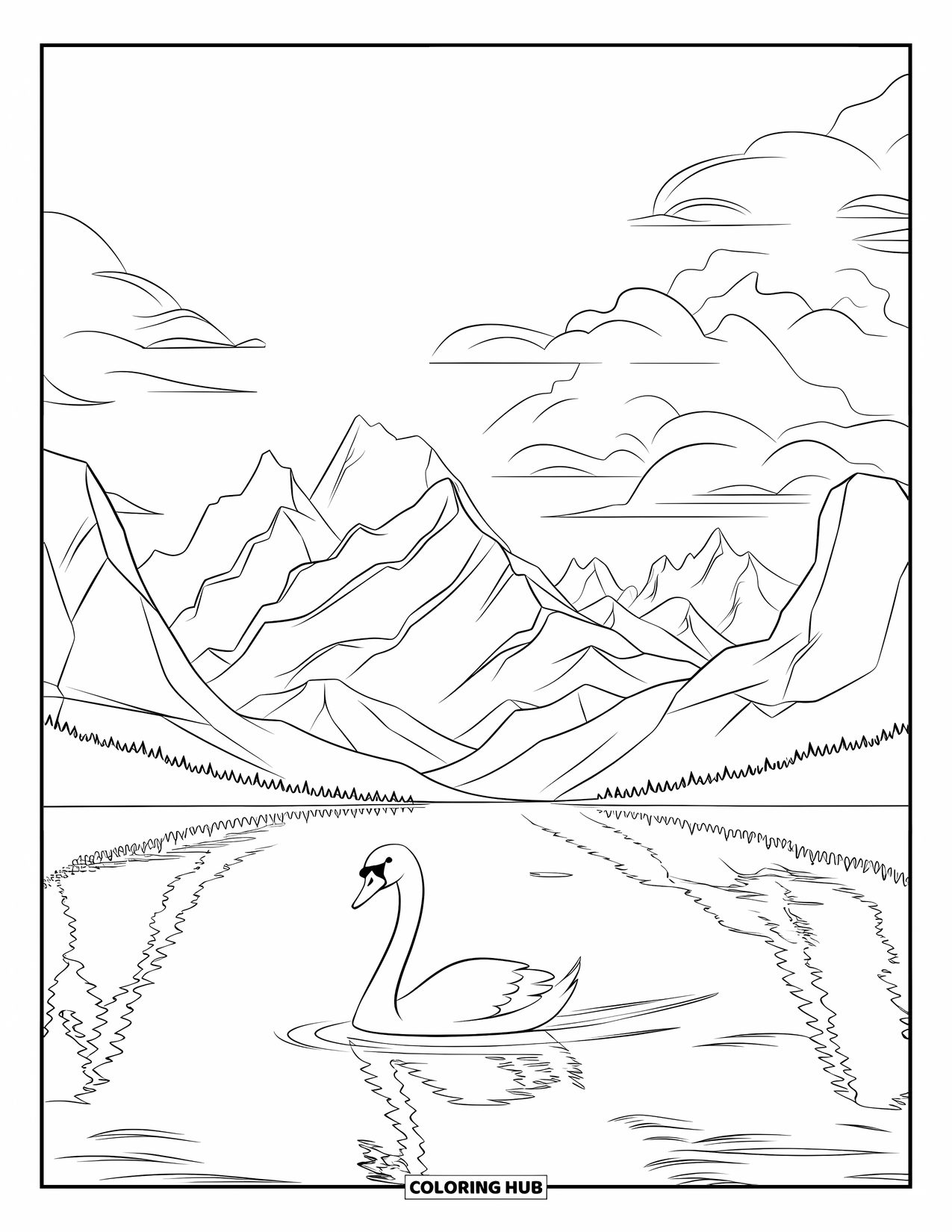 Mountain Coloring Page for Kids: A swan gliding across a lake with mountain peaks reflected in the water