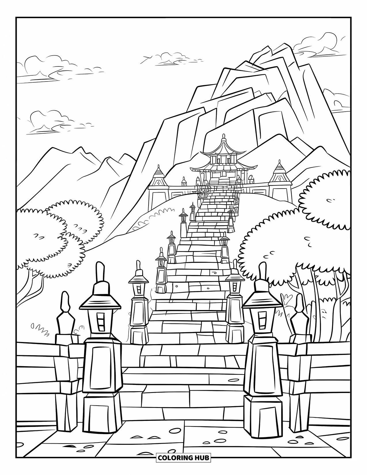 Mountain Coloring Page for Kids: A temple on a mountain with stone steps and hanging lanterns