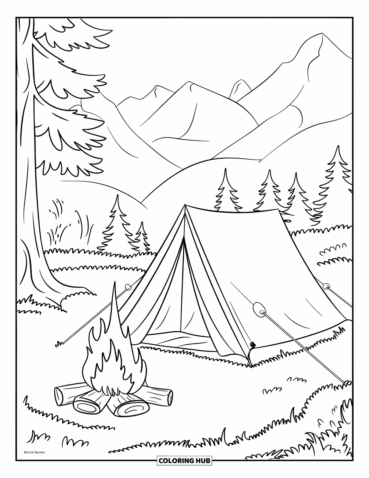 Mountain Coloring Page for Kids: A tent and campfire with marshmallows by a mountain range