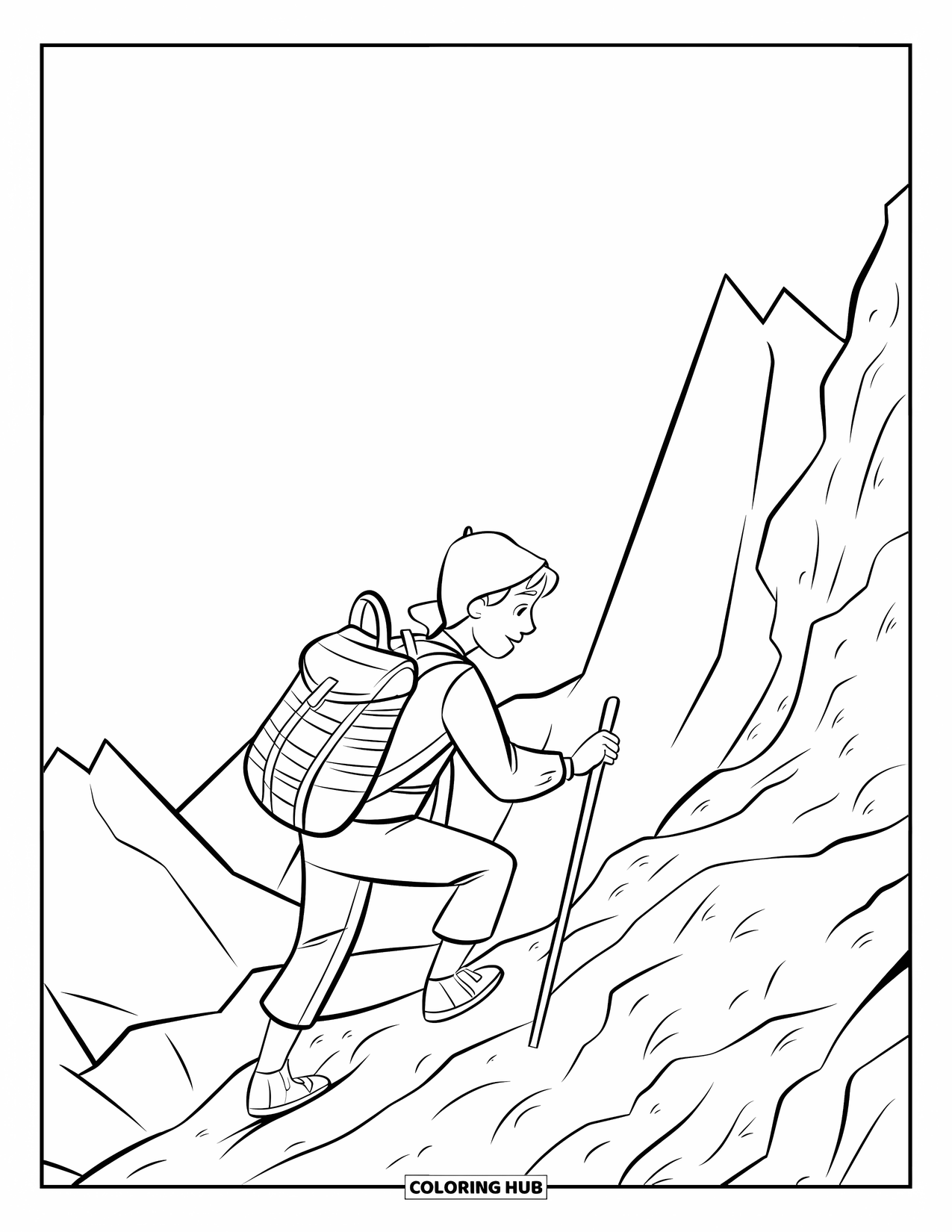 Mountain Coloring Page for Kids: A traveler with a backpack climbing a steep mountain path under a clear sky