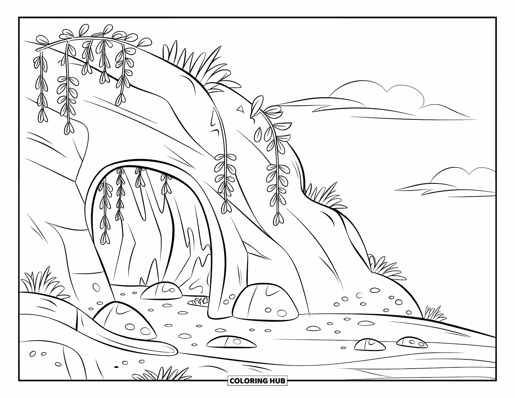 Mountain Coloring Page for Kids: A vine-covered cave entrance on a mountainside with rocks and pebbles